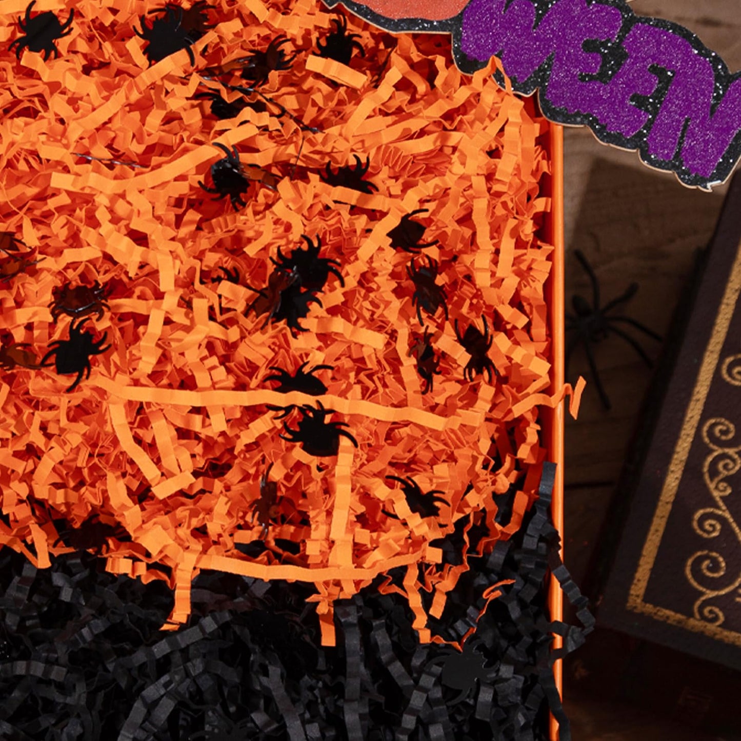 Jocomoni 1LB Halloween Crinkle Cut Paper Shred, Black Orange Crinkle Cut Paper with Spider Confetti Halloween Shredded Paper Filler for Gift Wrapping Craft DIY Packaging Filling Party Supply