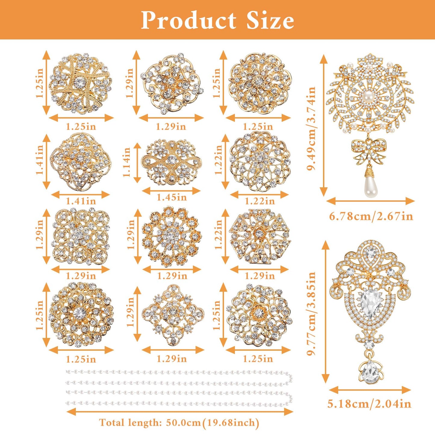 14 Pcs Crystal Flower Brooch Pin Sets Gold Crystal Brooches Pearl Wedding Bouquet kit Set for Women DIY Craft Party