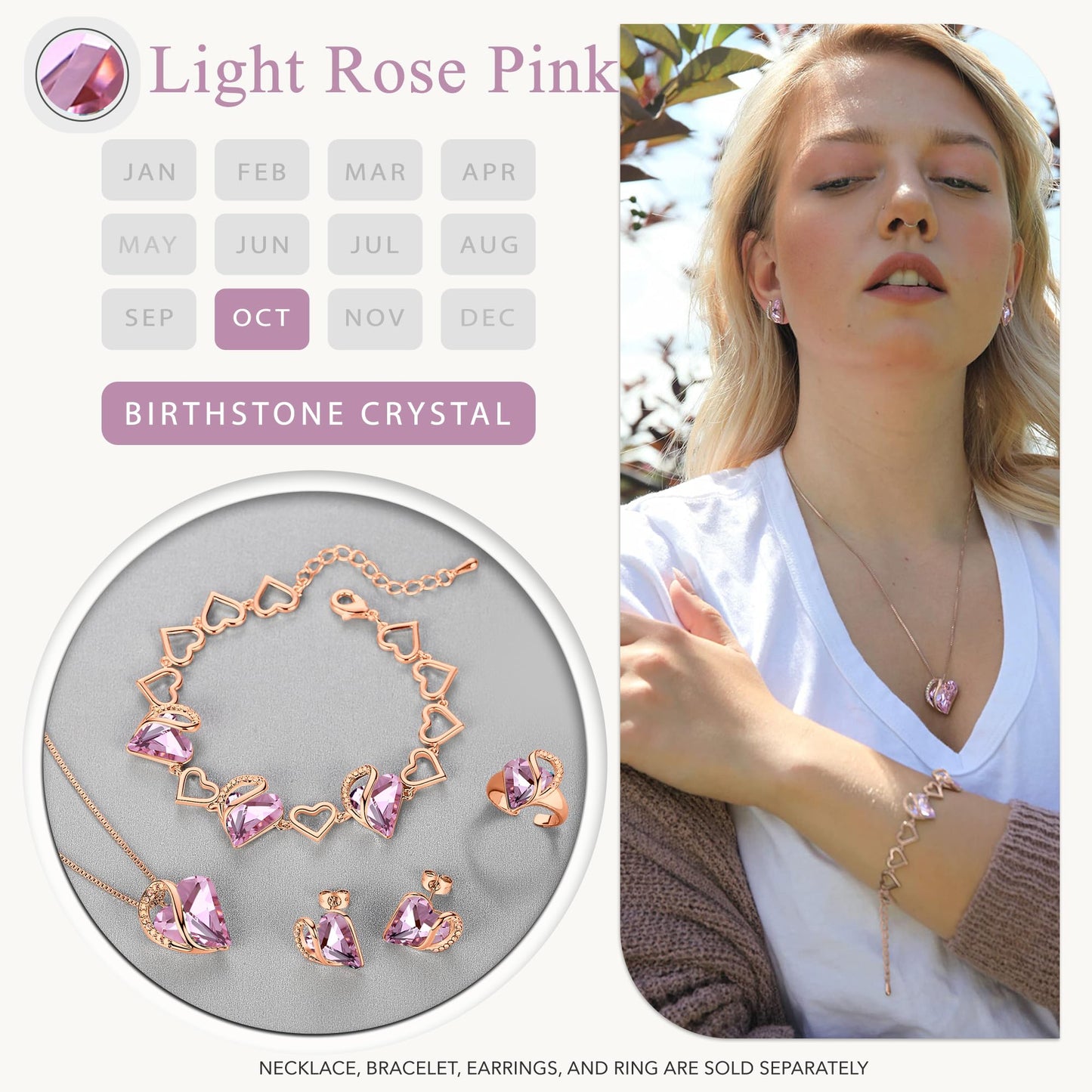 Leafael Gifts for Women Rose Gold Plated Necklaces: Heart Quartz Pink Crystal, October Birthstone, Hypoallergenic Chain (18"+2"), Birthday Jewelry for Mom, Wife, and Girlfriend