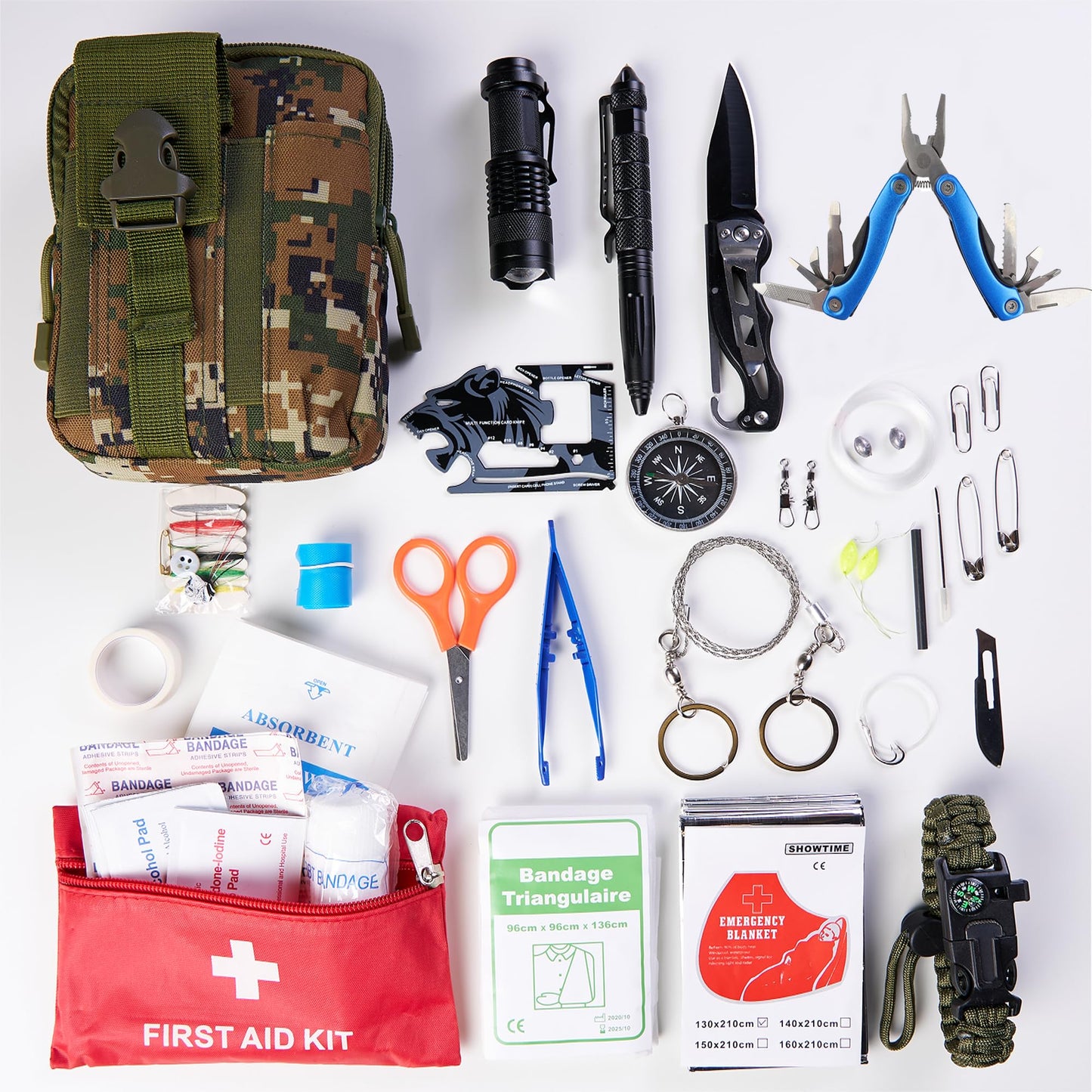 Survival Kit Emergency Supplies -67 Pcs, 14-in-1 Survival Gear: First Aid, Compass, Flashlight, Bracelet, plier, Saw & More for Outdoor Camping, Hiking & Survival. Gift for Men Boyfriends Boys Dads