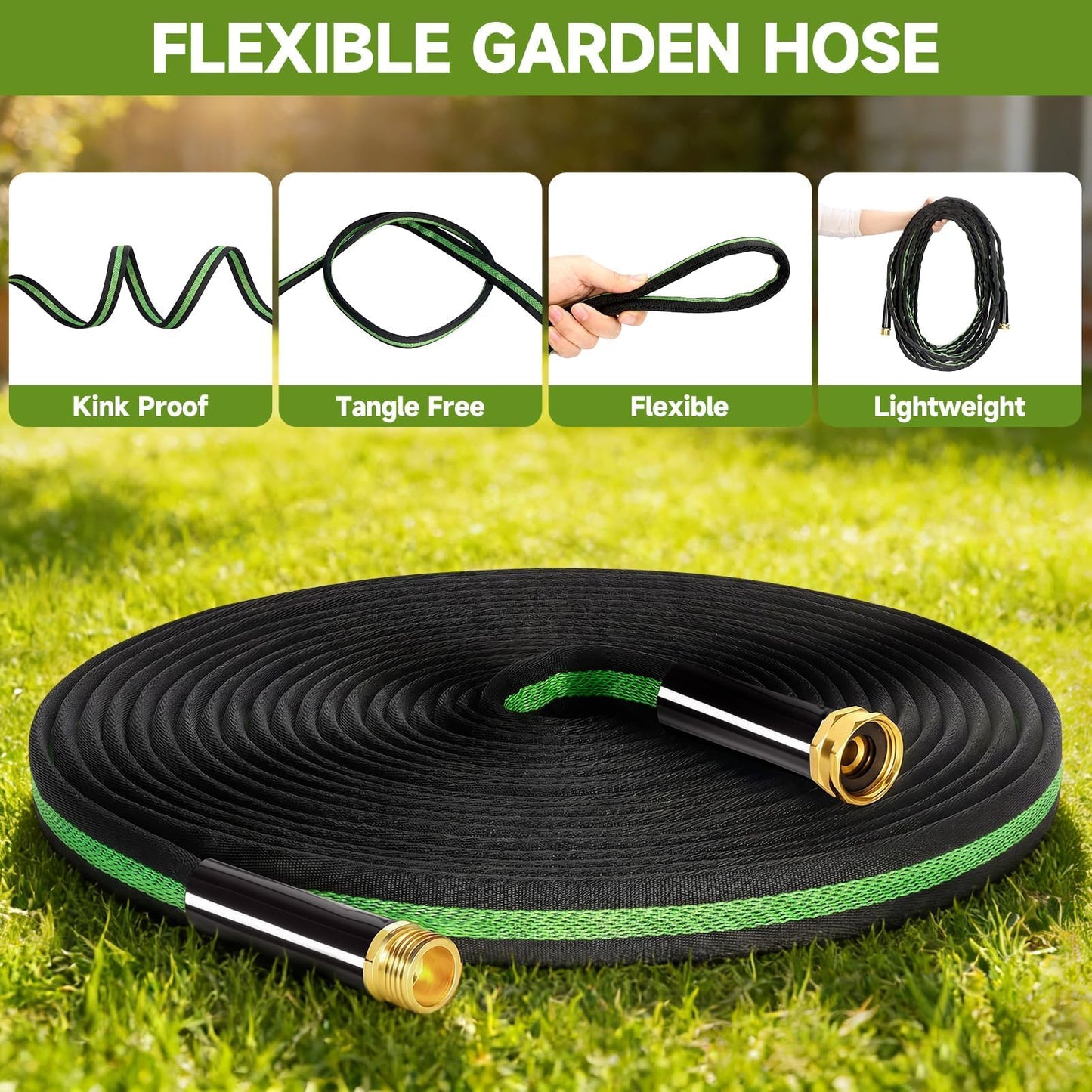 VIONMI Garden Hose 50ft Flexible Non-Expandable Water Hose Kink-Free Lightweight Leak-Proof High Pressure Durable Outdoor Portable Fabric Hoses Pipe with 3/4” Sturdy Fittings for Yard Lawn Car Wash