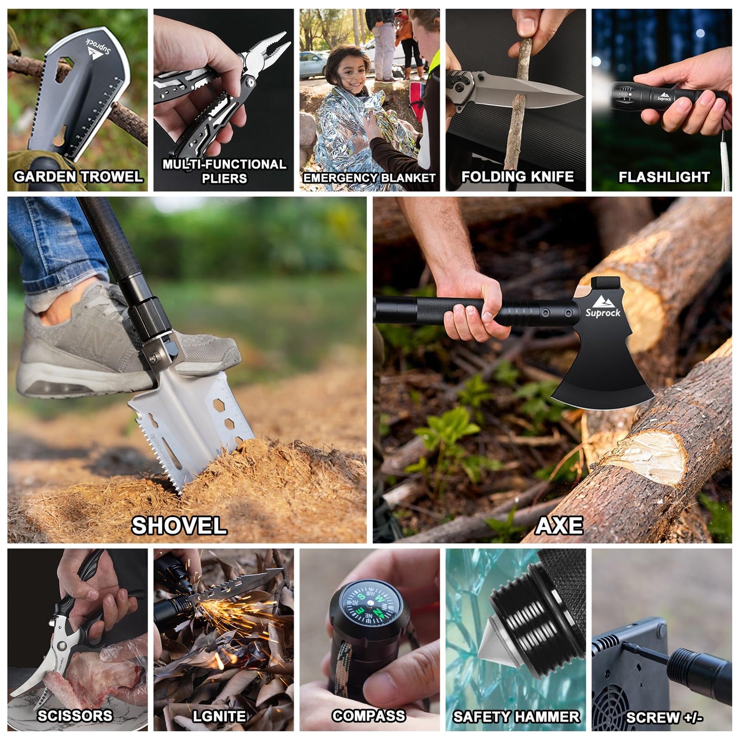 SUPROCK Survival Shovel and Camping Shovel, 30-in-1 Tactical Shovel Axe with High Carbon Steel, Folding Entrenching Tool with Pouch for Emergency, Hiking, Outdoor Gear