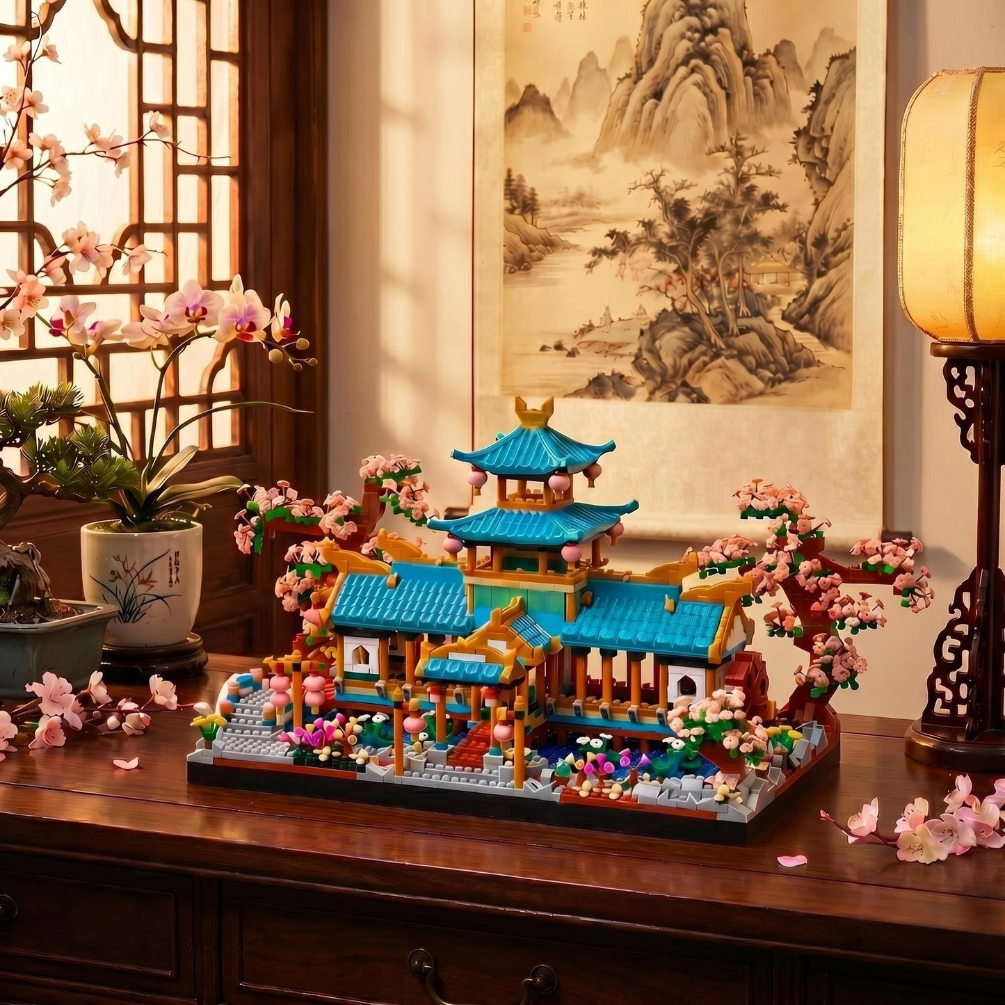 JXRLMB Chinese Classical Suzhou Gardens Micro Building Blocks Sets with Sakura Cherry Tree Challenging Construction Set for Adults, Home and Office Decoration, Gift for Age of 14+ 2350 pcs