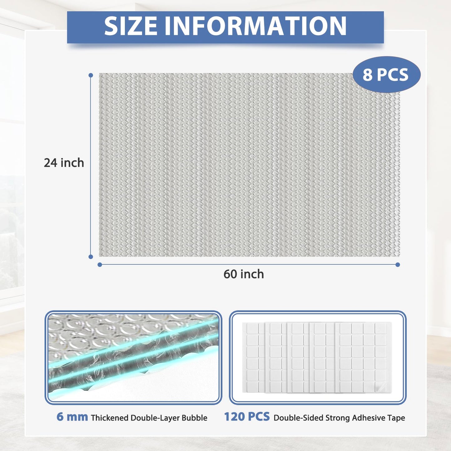 Reflective Bubble Insulation Sheet 6MM Thick Double Bubble Aluminum Foil Shield Garage Door Insulation Panels Kit Radiant Barrier for Windows RV Roof Attic Wall (24IN X 60IN, 8 PCS)
