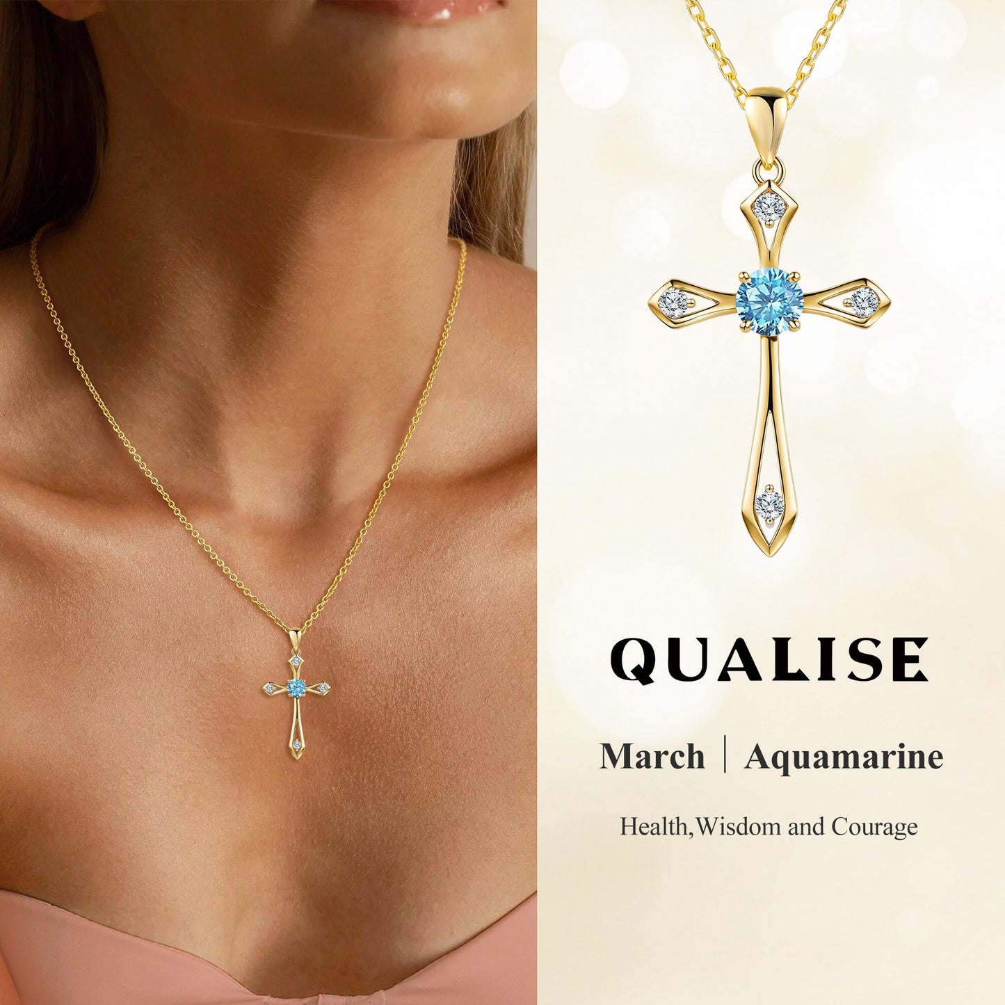14K Gold Plated Solid Cross Necklace for Women,925 Sterling Silver Ladies Faith Cross Birthstone Pendant Christian Religious Confirmation Baptism Everyday Fine Jewelry Anniversary Birthday Gifts for Her