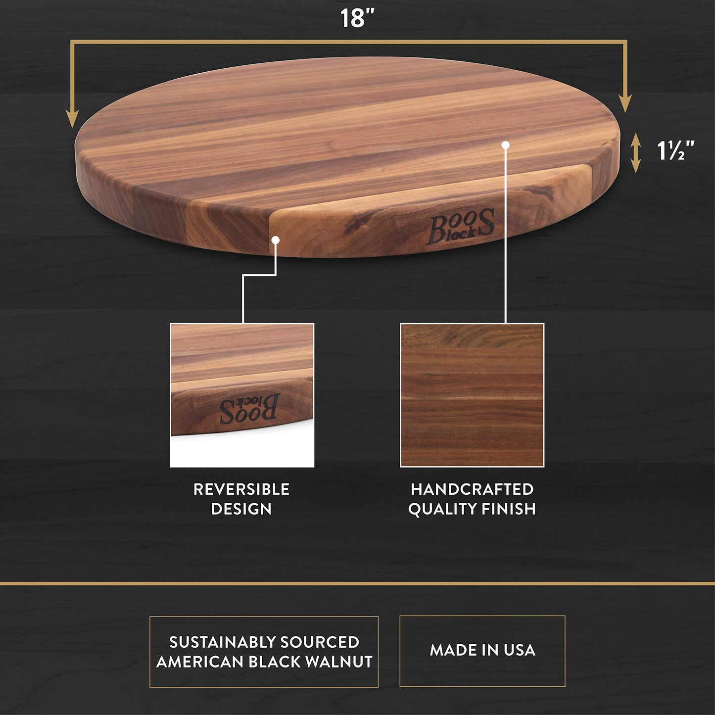 John Boos R-Board Series Round Wooden Walnut Cutting Board 18”x18” – 1.5” Thick, 9.5-lb Reversible Butcher Block with Edge-Grain – Made in the USA