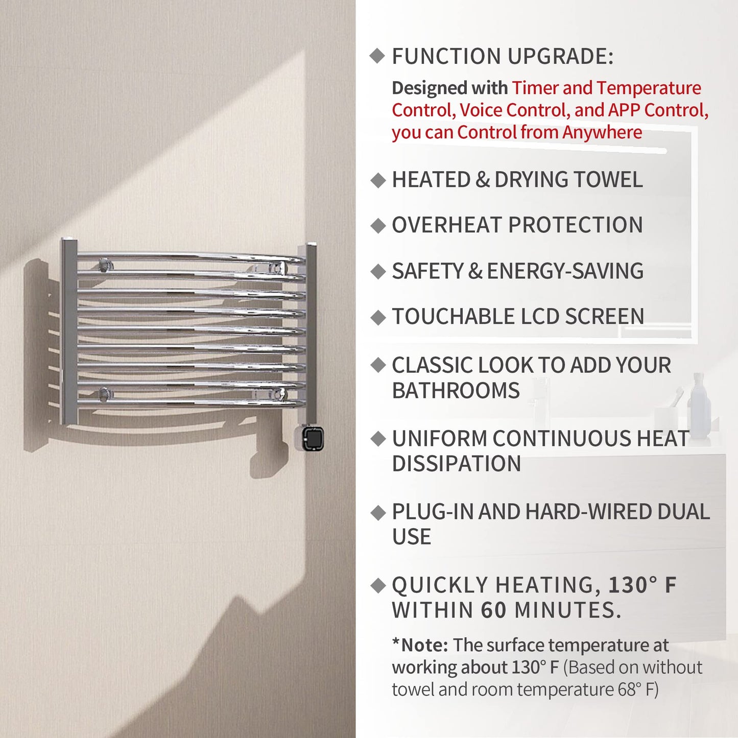 HEATGENE Smart Towel Warmer with Timer and Temperature Control, Smart Liquid Filled Towel Rails, Plug-in/Hardwired Wall-Mounted Towel Heater Rack Compatible with Alexa and Google Home, Chrome