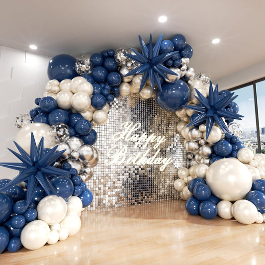 ADOINBY Navy Blue Silver White Balloon Arch Kit, Double Stuffed Pearl Sand White Royal Dark Blue Chrome Silver Confetti Balloons Garland Kit for Birthday Graduation 2026 New Years Party Decoration