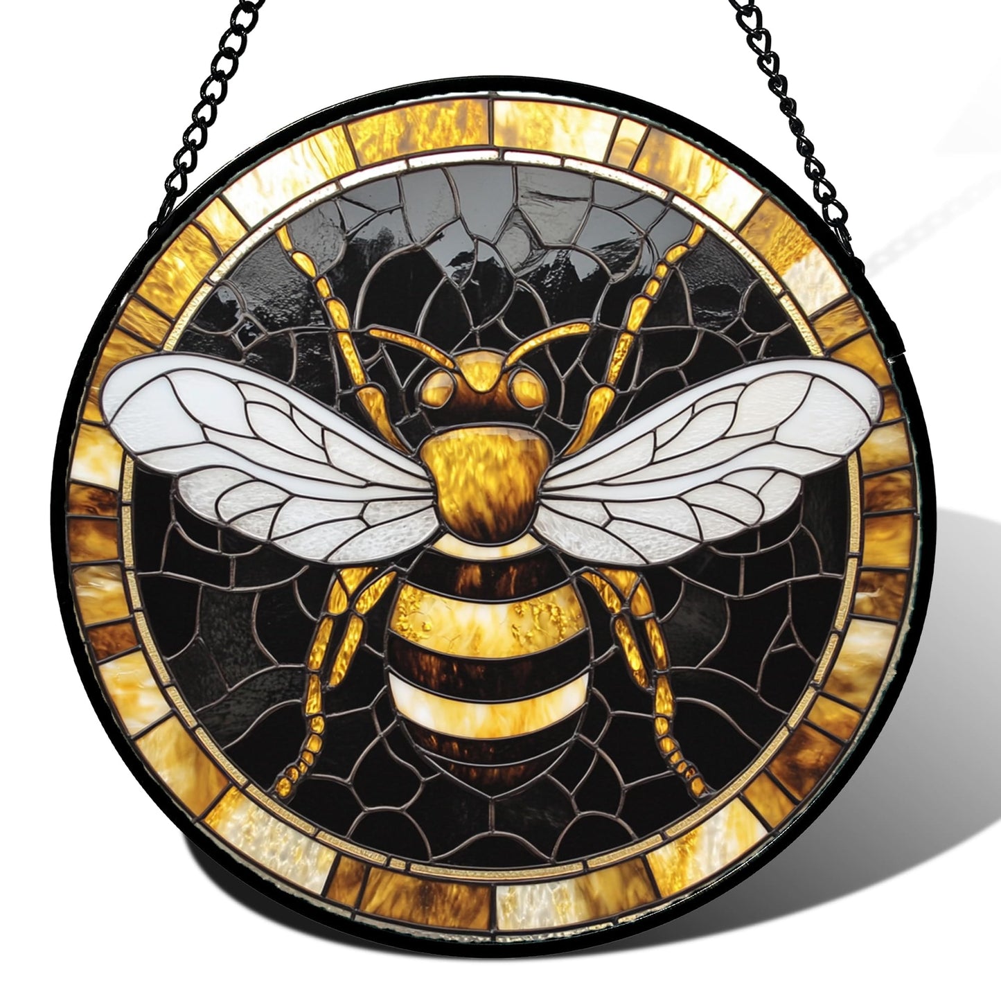 AMDERVEN Stained Glass Window Hanging - Black Gold Bee White Wings Sun Catcher for Door Home Decor Insect Suncatcher Christmas Mother's Day Birthday Gifts for Women Men Lovers Mom Nana 15 in