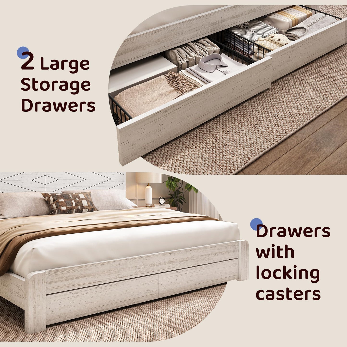 BRELTAM King Size Bed Frame with 2 Storage Drawers and Headboard Wooden Platform Bed Frame with LED Lights and Charging Station Easy Assembly/No Box Spring Needed/White
