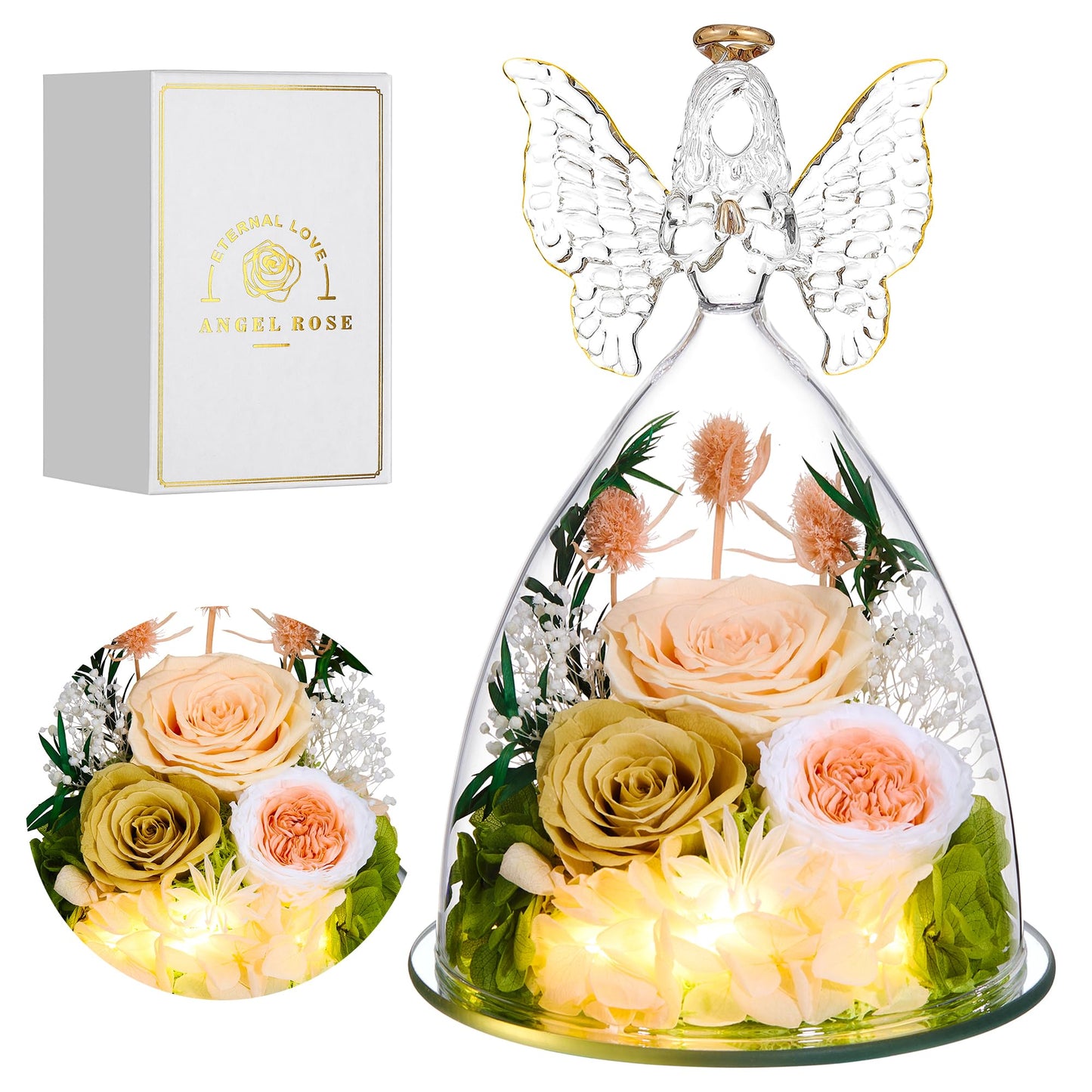 Tiaronics Mothers Day Rose Gifts for Women Preserved Real Flower in Glass Angel Figurines Roses for Delivery Prime Birthday Gifts for Mom Grandma Girlfriend Wife Her, ChampagneGold Austin
