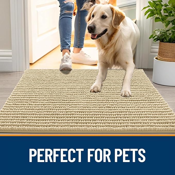 OLANLY Dog Door Mat for Muddy Paws 44x32, Ultra Absorbent Chenille Mud Doormat, Non-Slip Washable and Dirt Trapping Doormat for Indoor Entryway, Quick-Dry Indoor Pet Bed Mats for Dogs, Sand