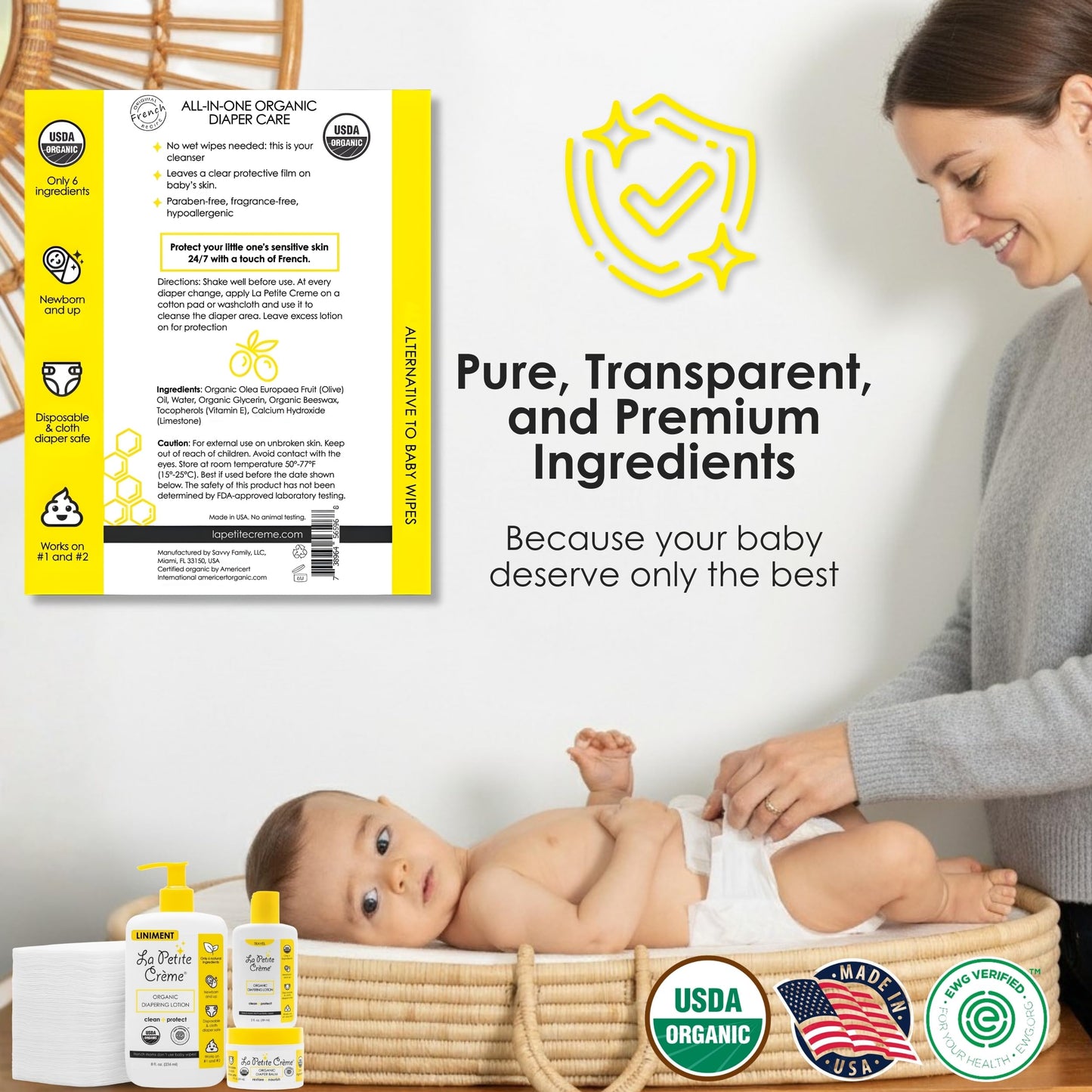 La Petite Creme Premium French Diapering Gift Set: Includes Organic Diapering Lotion (8 oz), Travel-size Liniment Baby Lotion (2 oz), 1 Travel-size Diaper Balm (1 oz), 50 Disposable Cotton Pads