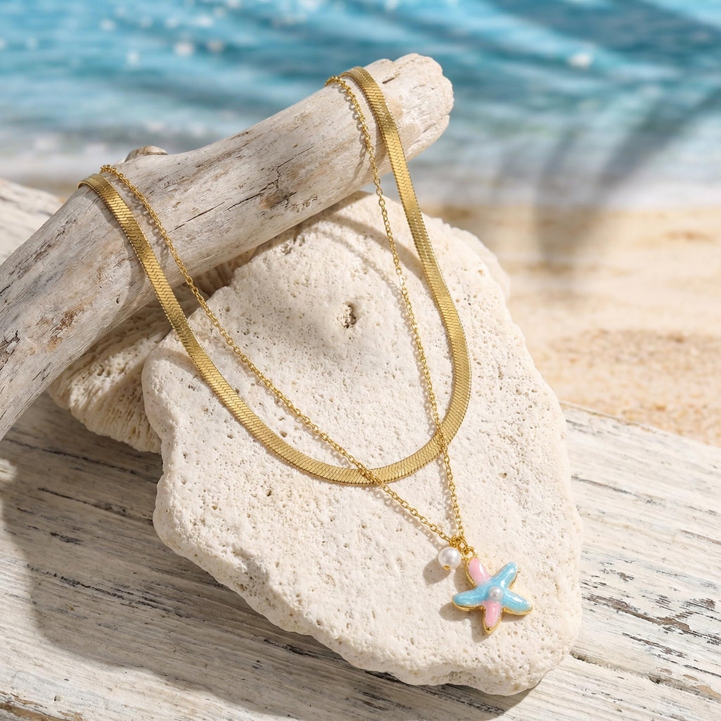 Harlermoon Gold Starfish Necklace for Women - 18K Gold Plated Stainless Steel Ocean Beach Jewelry, Sea Turtle Shell Pearl Pendant, Waterproof Non Tarnish Snake Chain Choker, Summer Vacation Mermaid Gifts (Small Starfish Snake Chain)