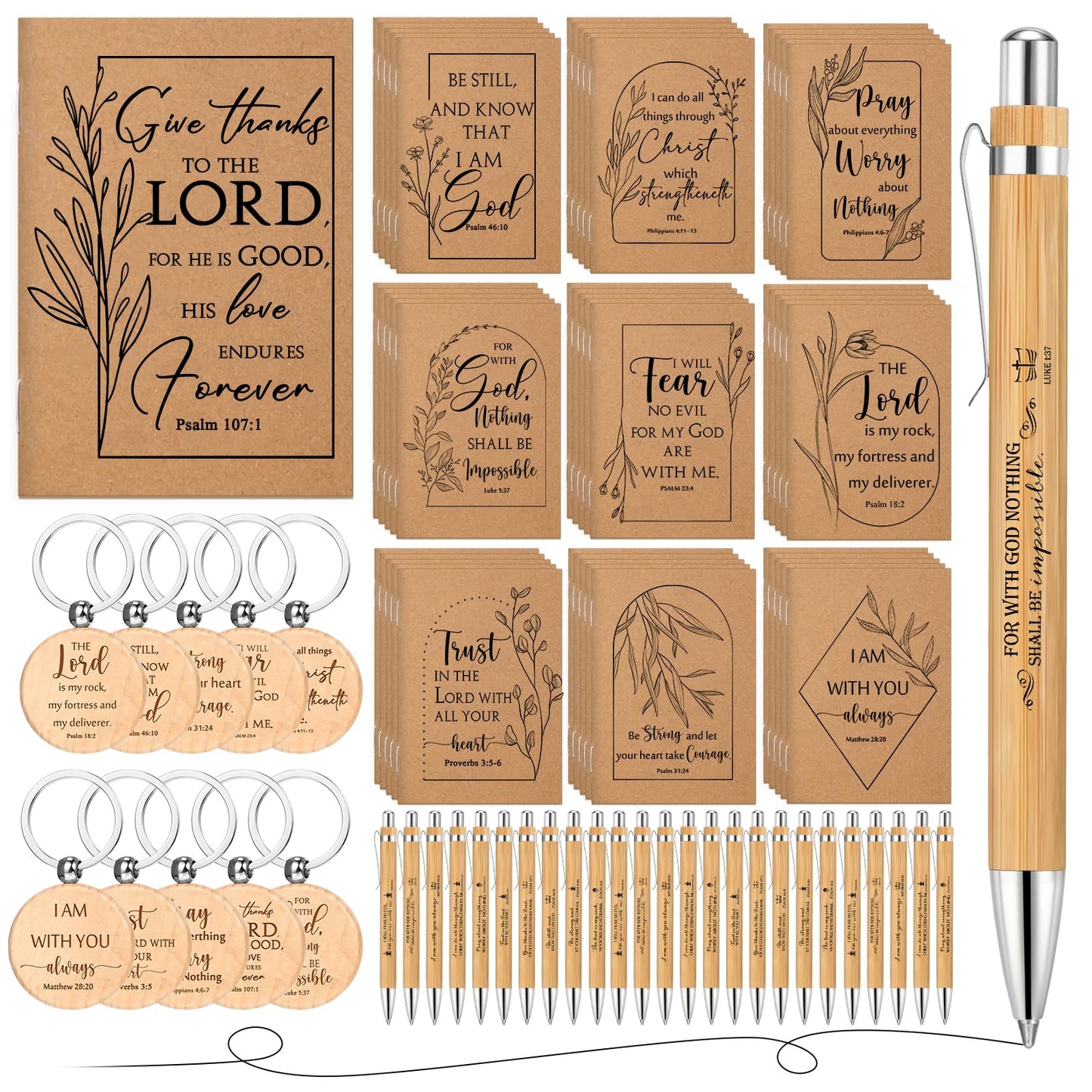 Kisston 30 Set Christian Gift Bulk - Bible Verse Inspirational Notepads, Bamboo Ballpoint Pens & Wooden Keychains for VBS Religious Party Favors Church Sunday Present