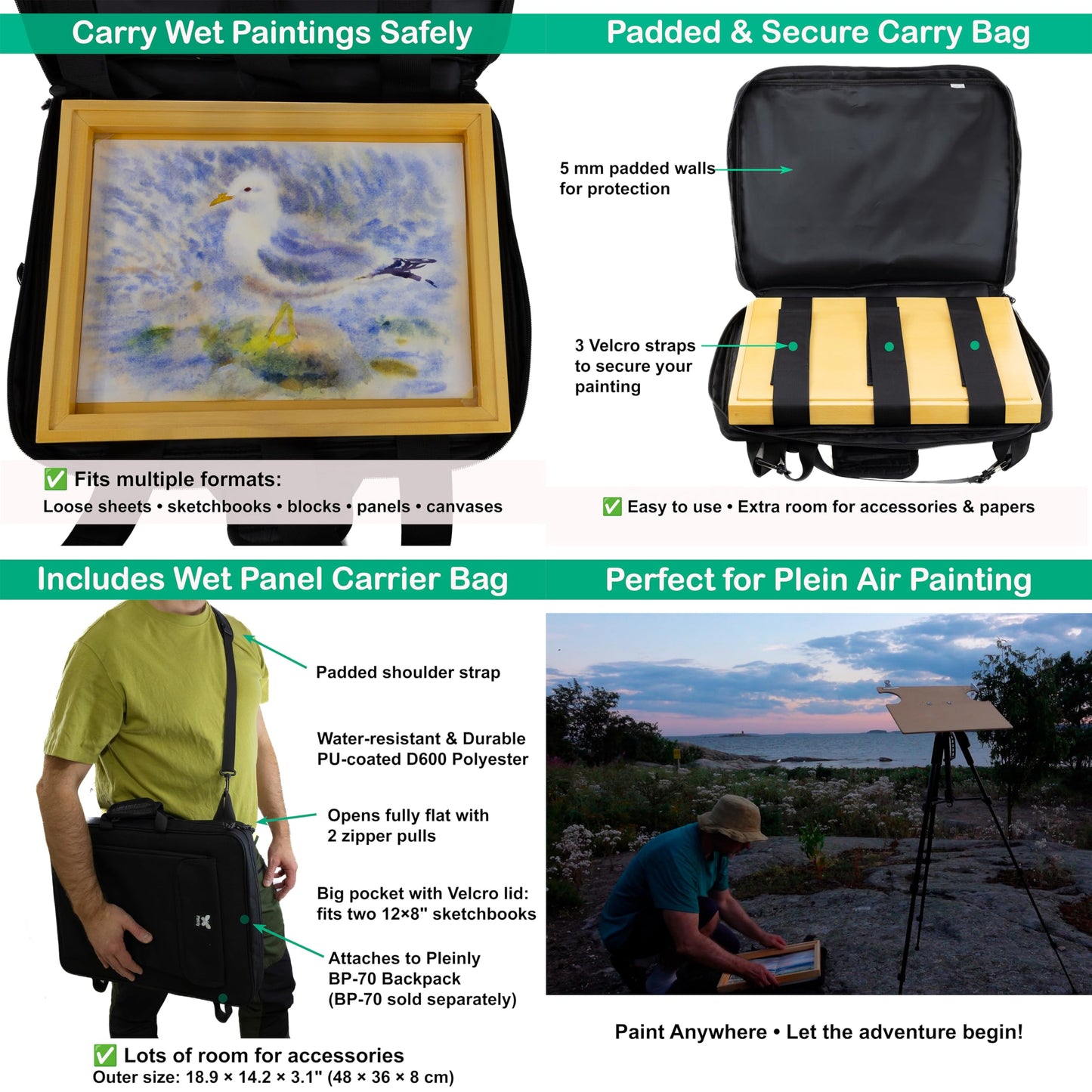 PLEINLY Outdoor Watercolor Easel Set | Portable Plein Air Watercolor Easel System with Studio-Like Ergonomics | Tripod, Wet Panel Carrier & Stool | Sketchbook, Palettes, Cups & Clips