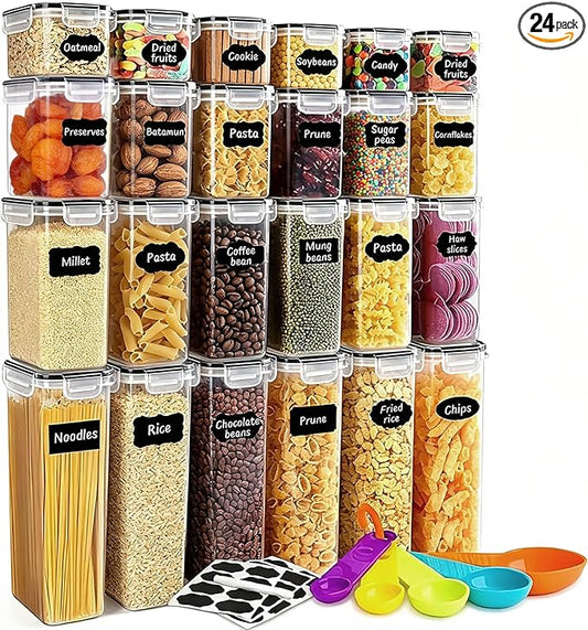 24 Pack Airtight Food Storage Containers with Lids, Plastic Kitchen and Organization Canisters for Cereal, Flour and Sugar, BPA Free, Includes Spoons, Labels and a Pen