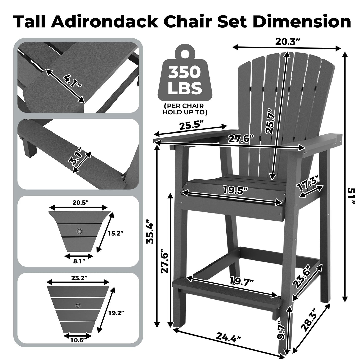 GAOMON Tall Adirondack Chairs Set of 2, Recycled HDPE Bar Height Patio Chairs with 2 Removable Connecting Trays & Umbrella Hole, Heavy Duty Outdoor Furniture for Deck, Backyard, Garden, Balcony, Grey