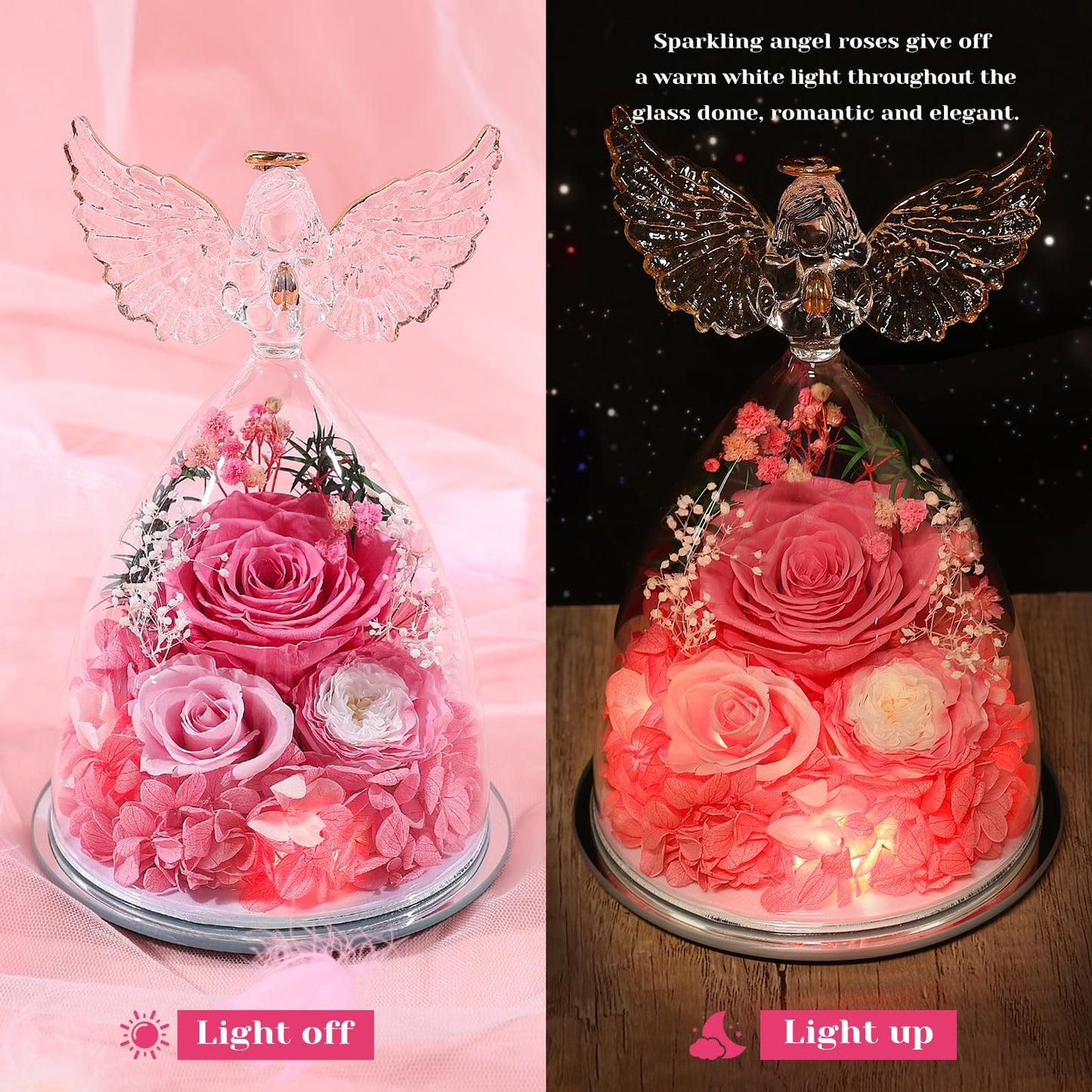 FIACO Gifts for Mom Women Birthday Preserved Rose in Glass Angel Figurine Forever Fresh Flower for Delivery, Mothers Day Flowers Gifts for Grandma Wife Daughter Pink