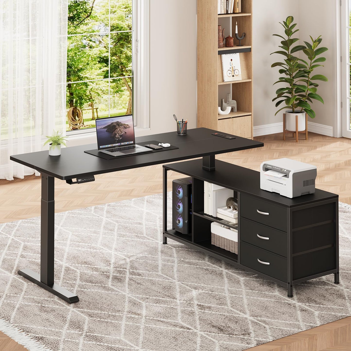 Gacfiew L Shaped Electric Standing Desk with Drawers & Shelves, Height Adjustable Corner Computer Desk with Power Outlets, 55 Inch Sit Stand Executive Desk with Storage for Home Office, Black
