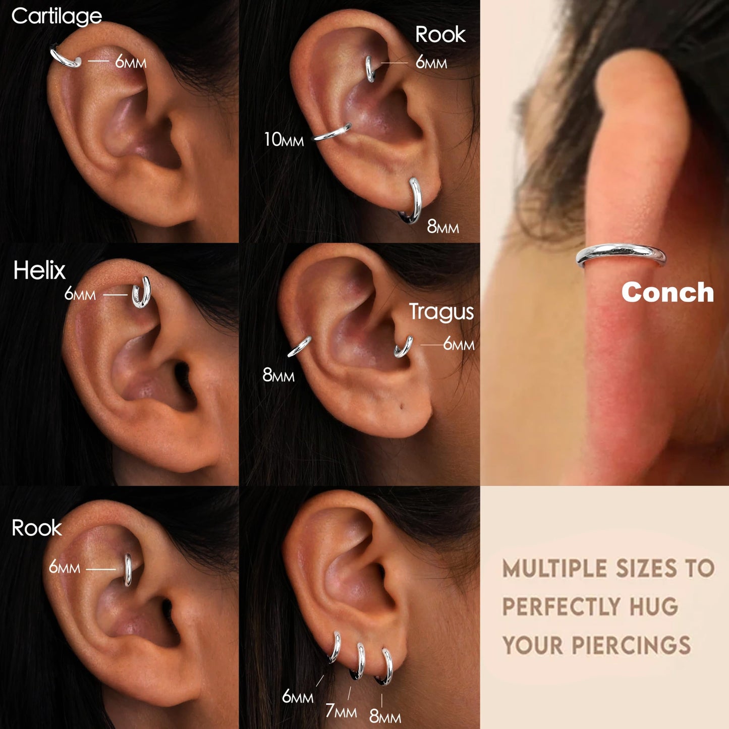 Silver Small Hoop Earrings for Women Stacks Silver Huggie Hoop Earrings Set for Multiple Piercing Lightweight Mini Cute Cartilage Rook Conch Daith Double Piercing Jewelry Gifts for Women Waterproof Clip On