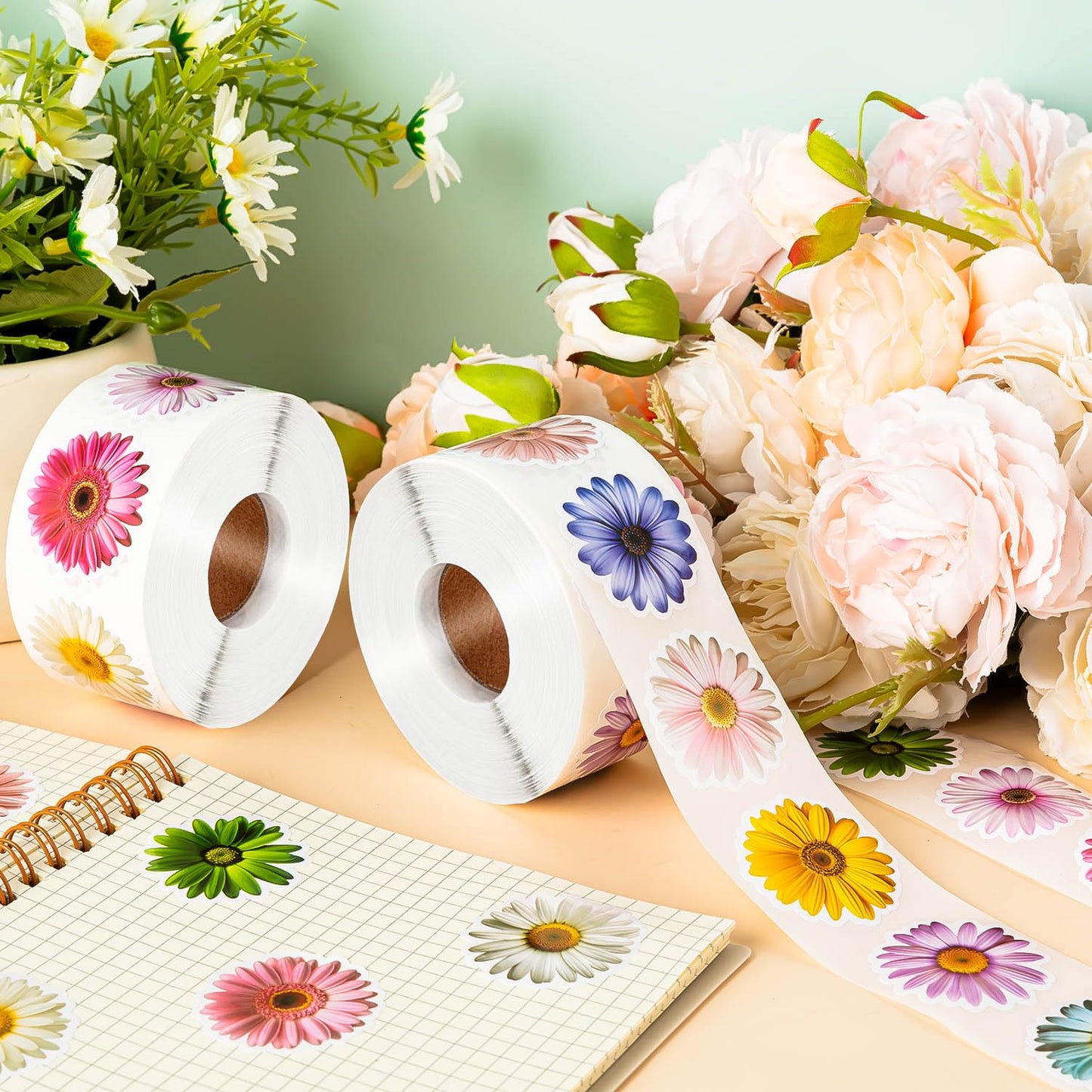 1200 PCS Daisy Stickers Cute Flower Stickers Roll for Kids Sun-Proof Flower Roll Sticker for Scrapbooks, Water Bottle, Present Boxes Decorations (16 Styles)