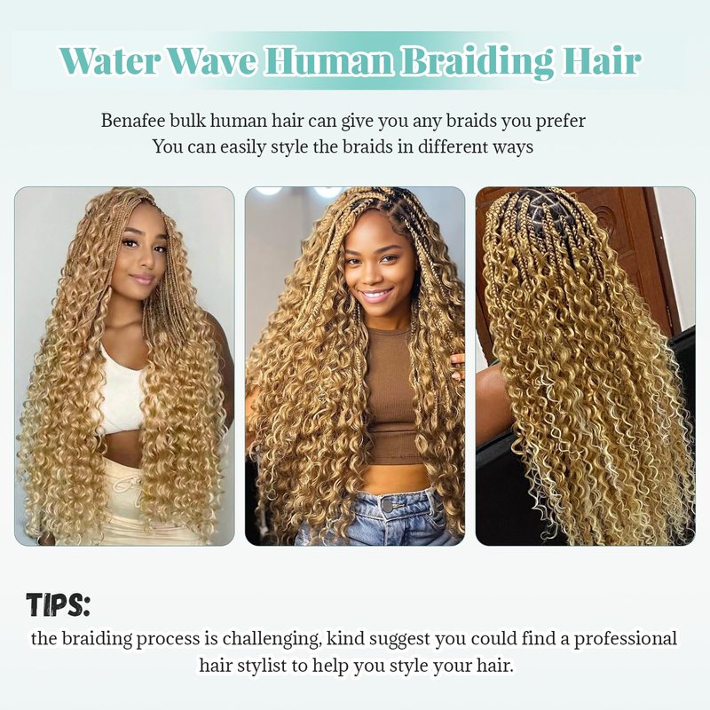 Water Wave Bulk Human Hair for Boho Knotless Braids 18 Inch Ombre Color Strawberry Blonde with Bleach Blonde Highlights No Weft 2 Bundles 100G Deep Curly Micro Extensions for Braiding