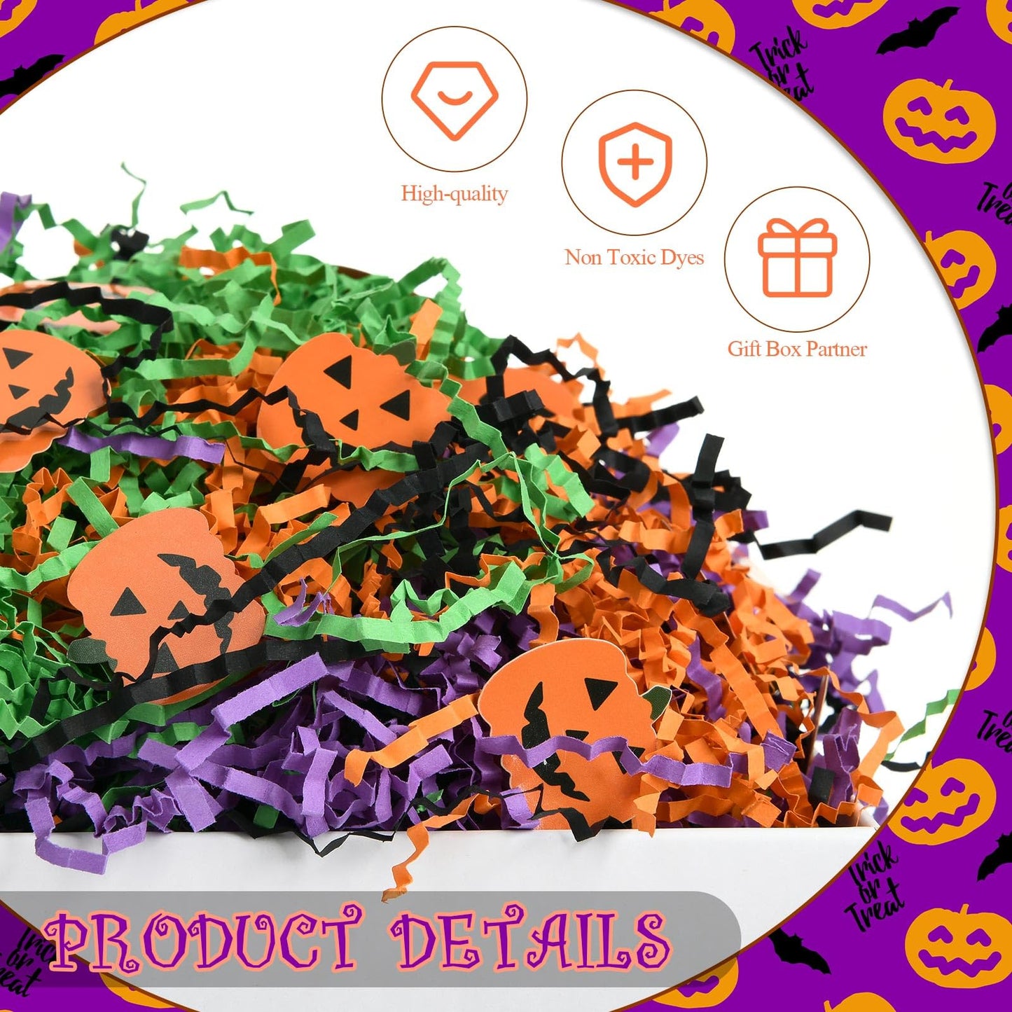 Kosiz 1 lb Halloween Crinkle Cut Paper Shred Black Orange Purple Raffia Paper Shred Filler with Pumpkin Confetti for Gift Wrapping Craft DIY Basket Box Trick or Treat Halloween Party Supply