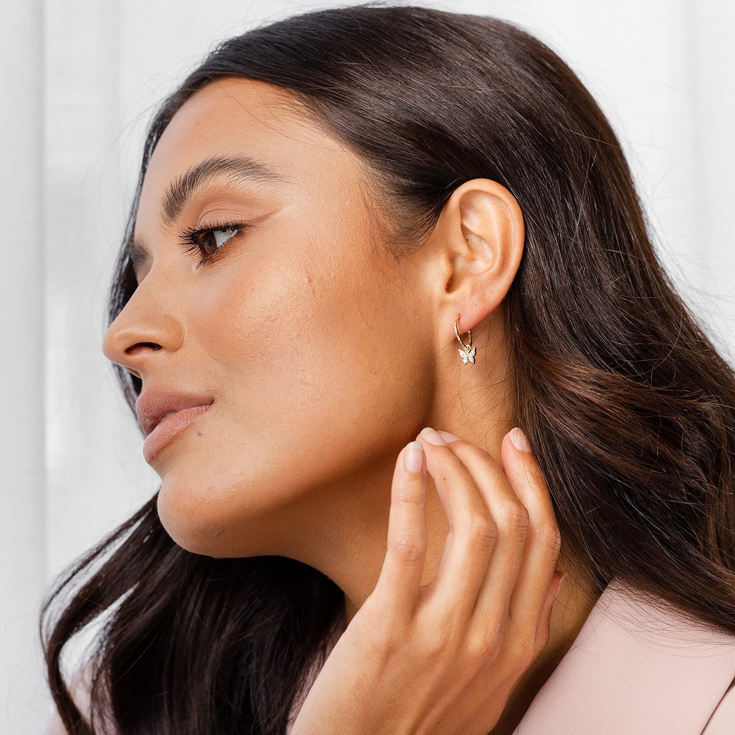 PAVOI 14K Yellow Gold Plated 925 Sterling Silver Post Cute Dangle Huggie Hoop Earrings For Women - Trendy Butterfly Open Hoop Earrings - Small Hinged Hammered Huggies