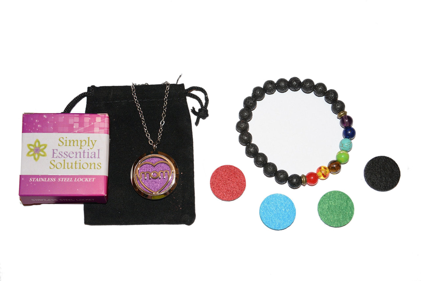 Aromatherapy Essential Oil Diffuser Stainless Steel 30MM Silver Magnetic Locket Pendant with Chain Necklace and Colored Refill Pads & Diffuser Bracelet All in a Velvet Bag (heartvalentine)