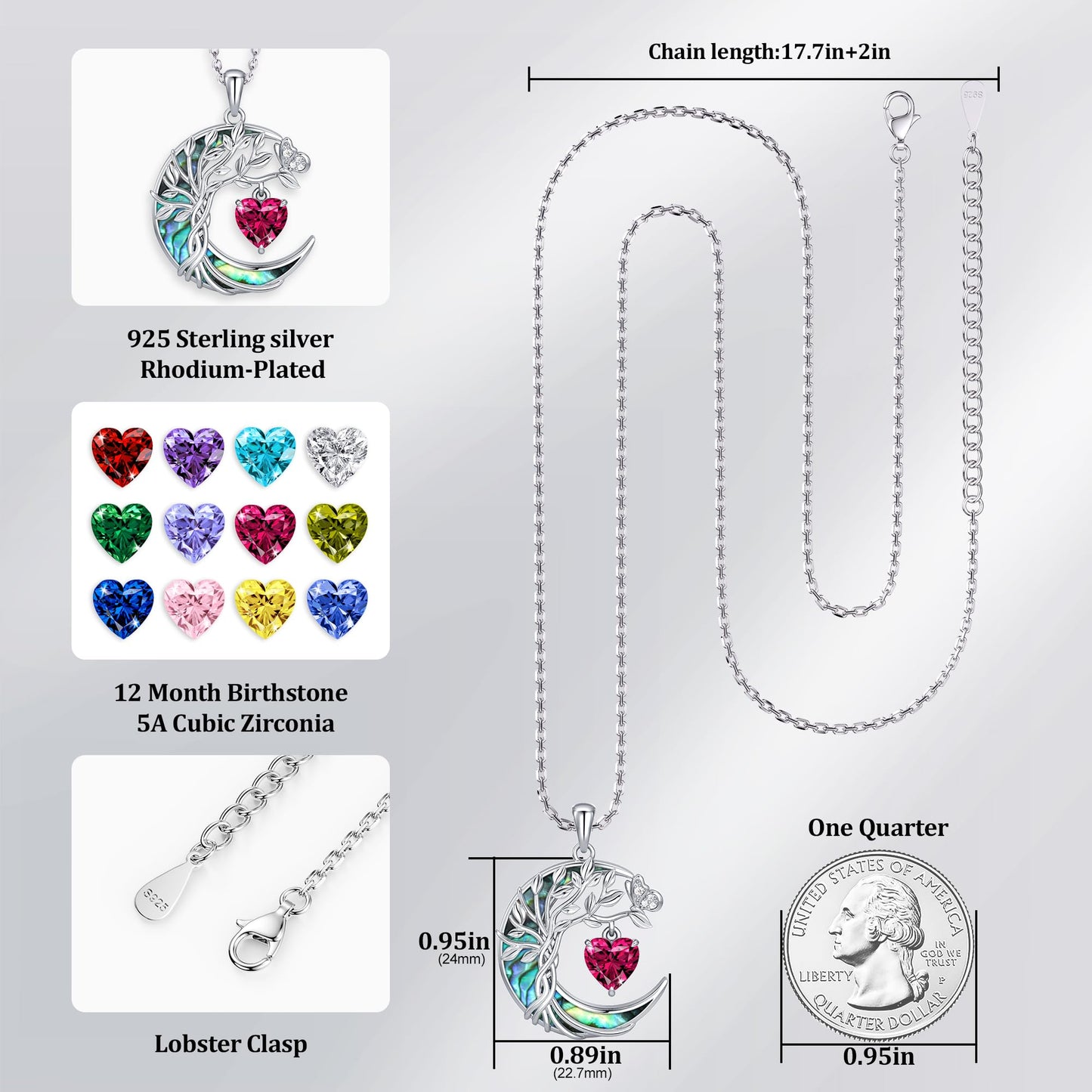 Distance Tree of Life Birthstone Necklace for Women, S925 Sterling Silver Premium Abalone Shell Moon Pendant July Heart Birthstone Necklace, Ruby Jewelry Christmas Birthday Gifts for Her Mom Wife