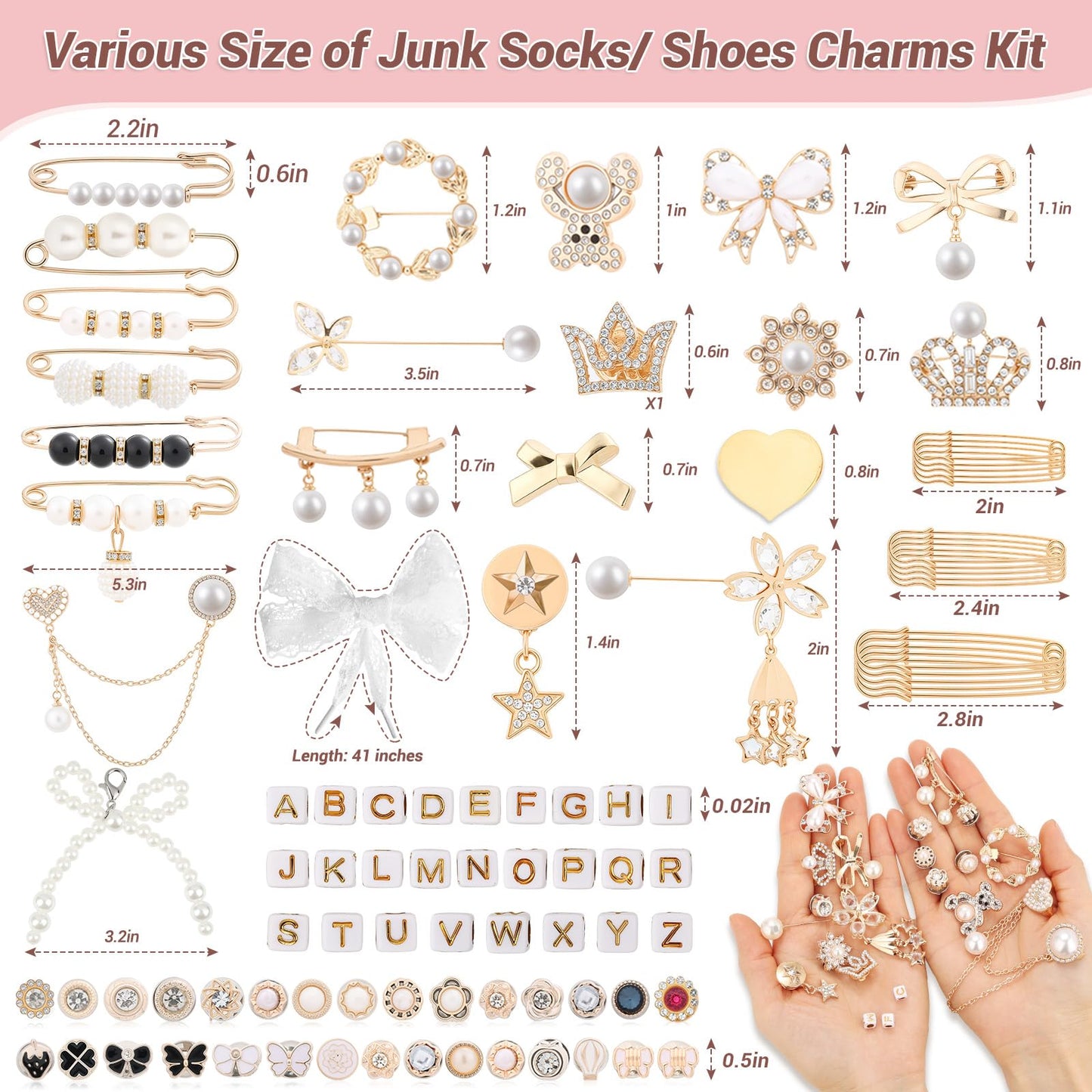 463 Pieces Junk Socks Charms Kit – Shoe Charms for Sneakers with Letter Beads, Safety Pins, Gold Brooches, Lace Shoelaces, Bead Embellishments, DIY Personalization Shoe Sock Accessories for Women