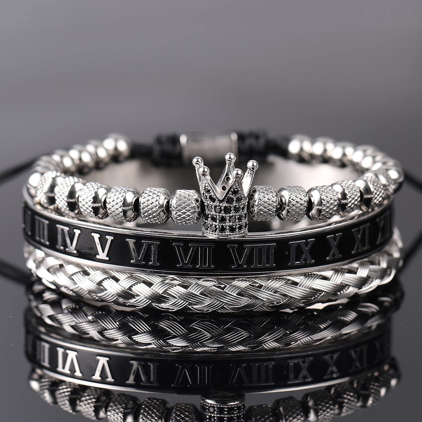 WFYOU 3PCS Stainless Steel Bracelets for Men Gold Roman Numeral Bangle Bracelet Twisted Cable Bracelet Adjustable Cuff Bracelet Mens Luxury Jewelry Bracelets Gifts(I:Silver)