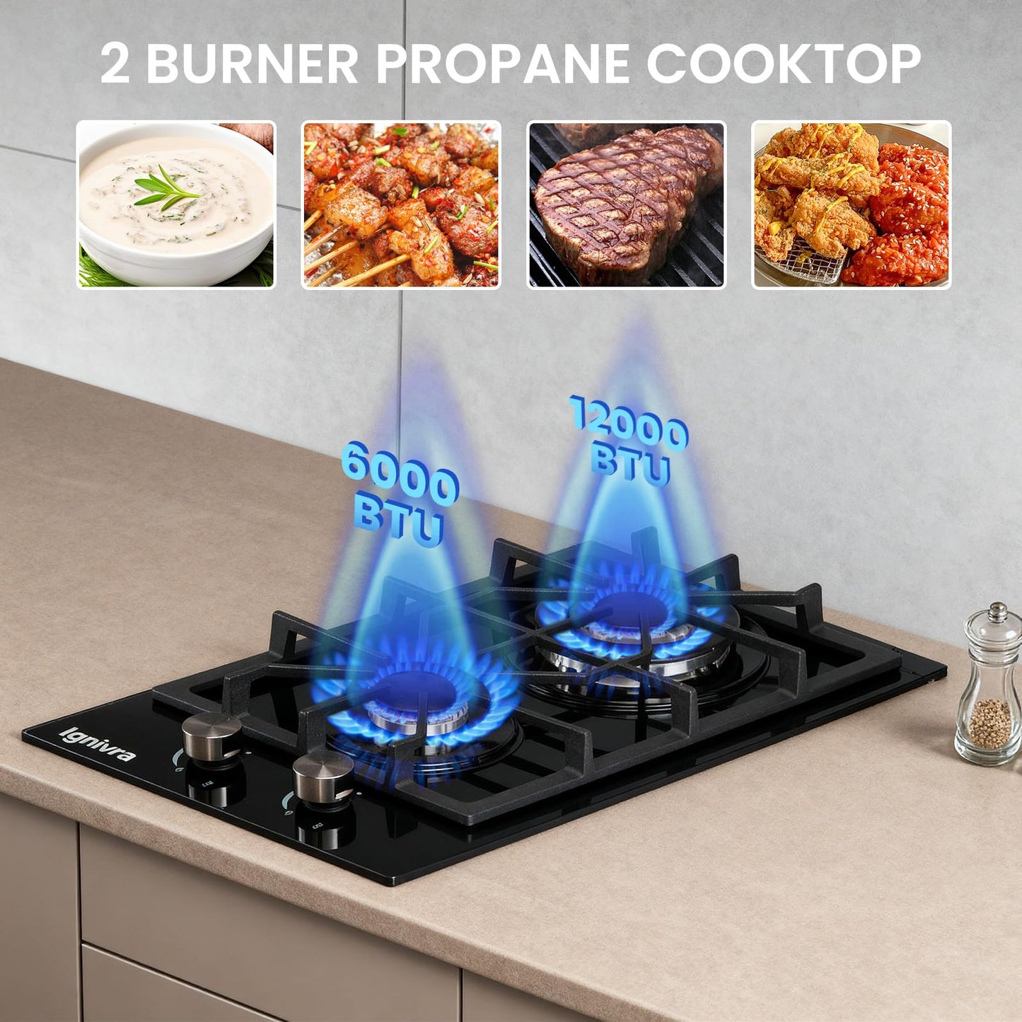 Ignivra Gas Cooktop 4 Burners, 12000W Built-in Gas Stove, Black Crystal Tempered Glass Propane Cooktop, 24x20" Top Propane Stove Indoor LPG/NG Dual Fuel Hob for Apartment Kitchen RV