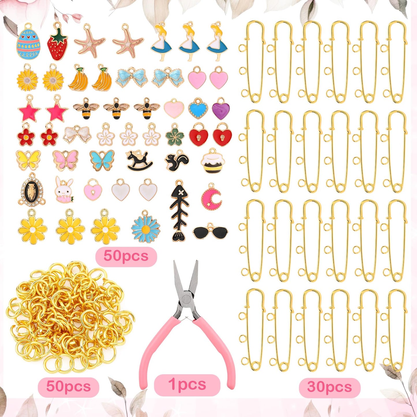 Tondiamo 131 Pcs Brooch Pins Making Kit Brooch Charms for Women Shirt Sweater Shawl Clips Bling DIY with 50 Pendants 50 Jump Rings and Tool Safety Pins with 3 Loops Bulk for Sock Pant Waist Tightener