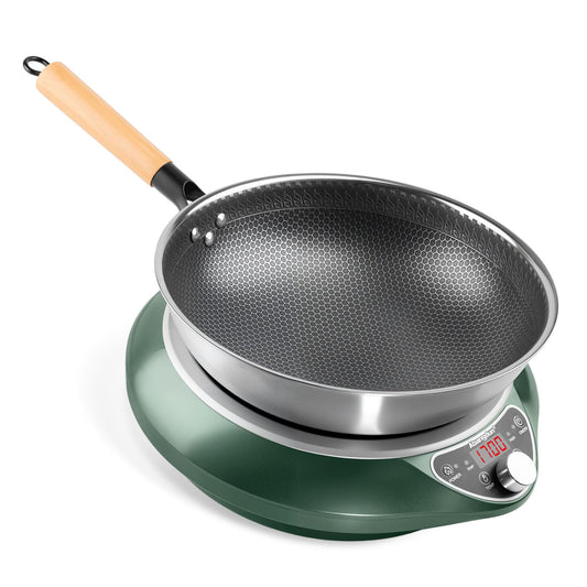 Abangdun Concave Induction Wok Cooktop 1700W 120V – Continuous Non-Pulsed Heating Stir Fry Burner for Asian Cooking, Stainless Steel Wok Induction Burner for Round Bottom Woks
