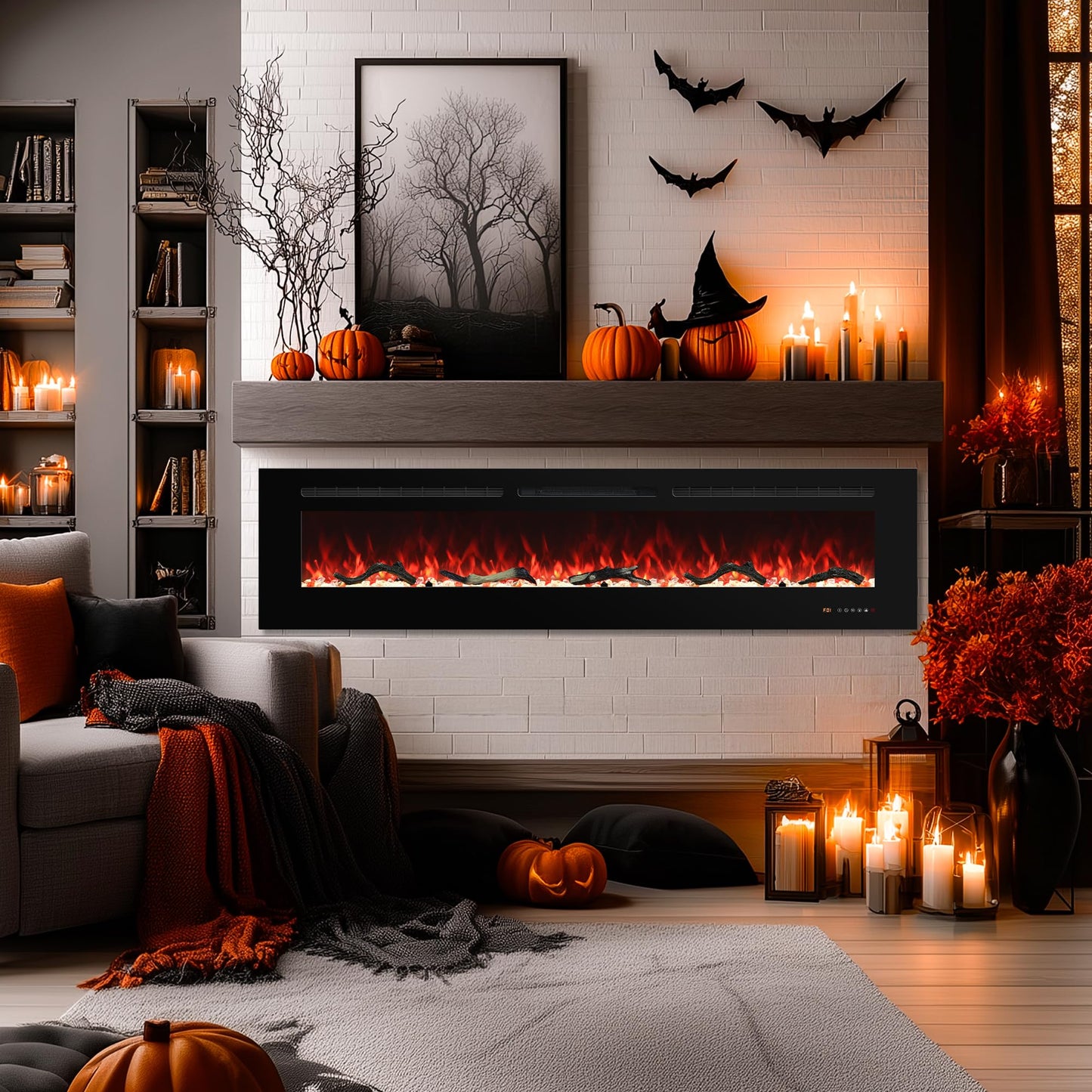 Oxhark Flame Electric Fireplace 60 inch Wide, Wall Mounted Fireplace Inserts Electric Heater, 13 * 13 Flame Effects Like Real Flame, Low Noise, Timer & Thermostat Setting, 750W/1500W, Black