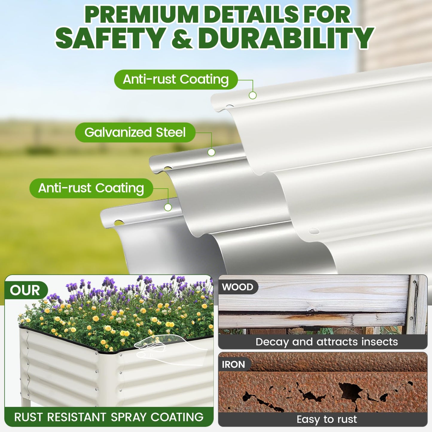 Elevated Raised Garden Bed 2' x 6'- Galvanized Metal Planter Boxes with Legs & Storage Rack, Outdoor Planters for Backyard/Patio/Balcony, with Drainage Holes for Vegetables, Flowers, Herbs, White