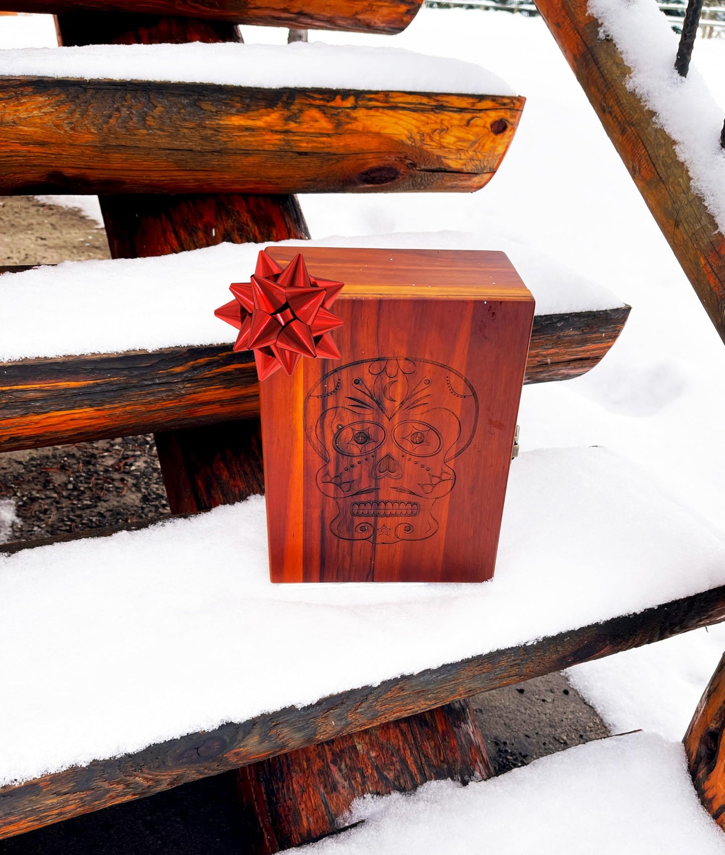 Sugar Skull Wooden Stash & Keepsake Box – Large 11” x 8.5” x 5” Engraved Wood Storage Box with Hinged Lid & Latch – Day of the Dead Memory Box for Tarot, Herbs, Jewelry & Gifts, Limited Run