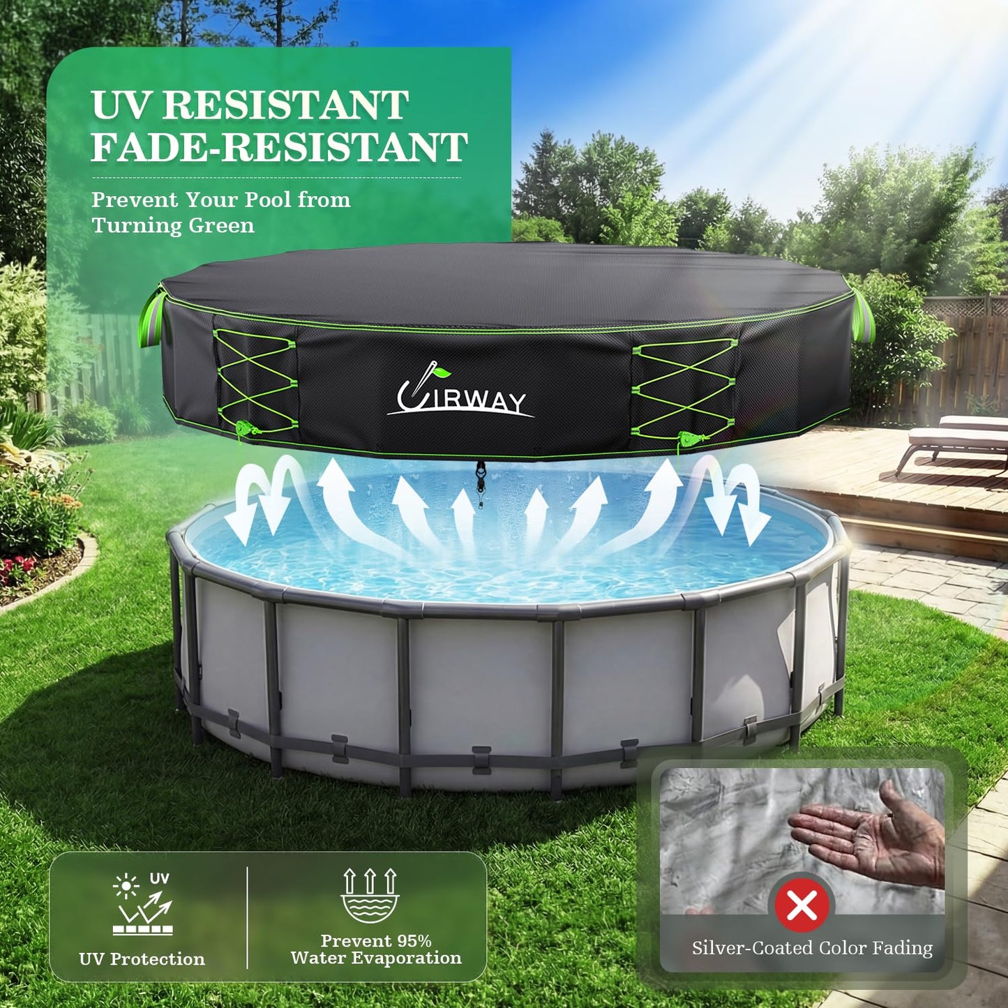 Uirway 600D Upgraded 12ft Round Pool Cover For Above Ground Pools, Solar Pool Cover Windproof Ratchet Locking System & Reflective Drawstring, heavy duty Pool Covers UV Protection, With Anti-Slip Strap