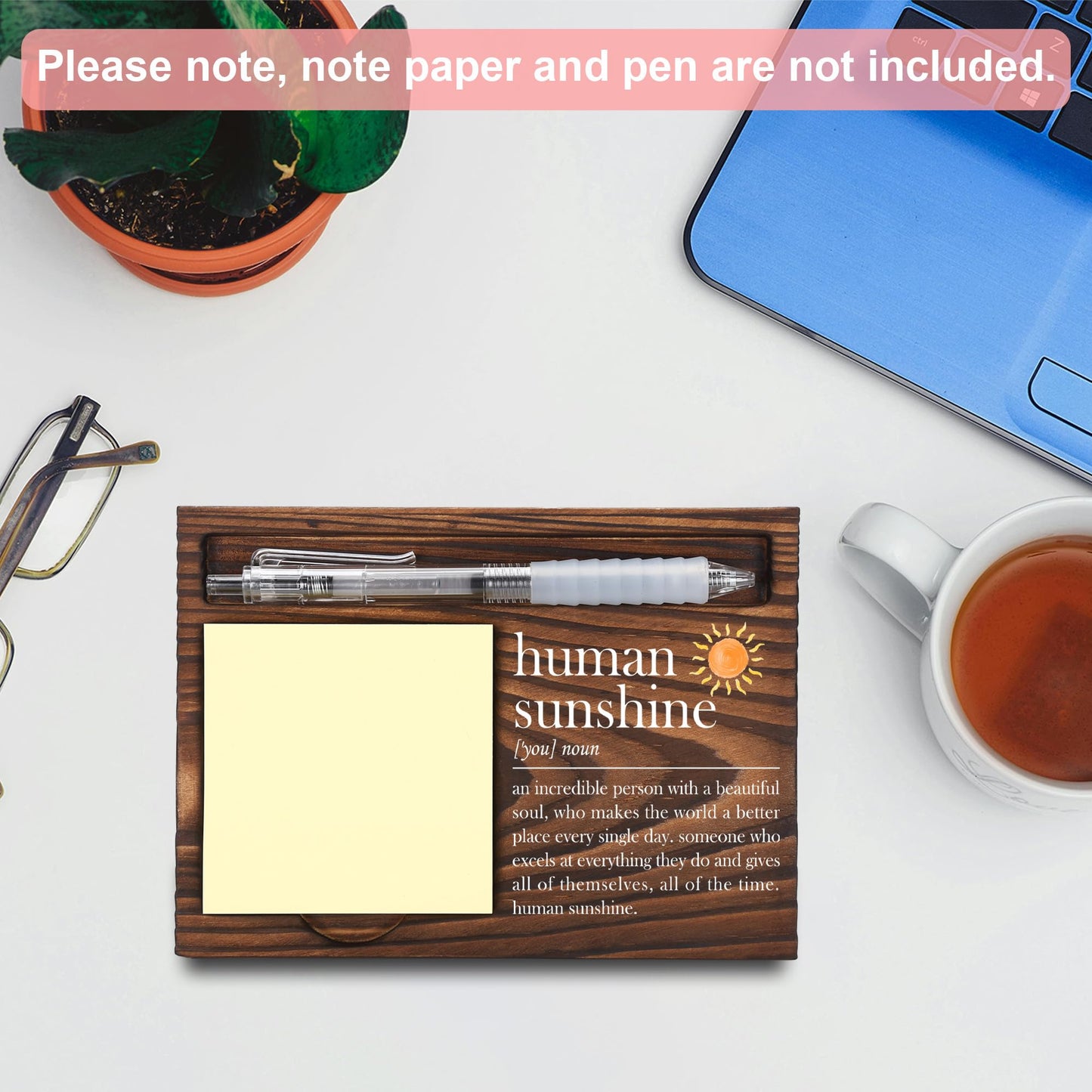 Human Sunshine Gifts, Appreciation Gifts, Thank You Gifts, Sticky Note Holder, Post-it Note Dispenser for Desk, Wooden Post-it Note & Pen Holder 6.5" x 4.7" - FTA106