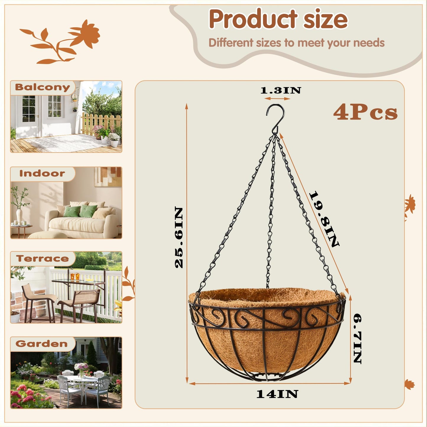 14 inch Metal Hanging Baskets For Plants Outdoor 4 Pack Round Metal Wire Hanging Basket Planter with Coco Fiber Liners Chain Round Wire Plant Holder for Garden, Patio, Deck, Porch Plants Flower Potss