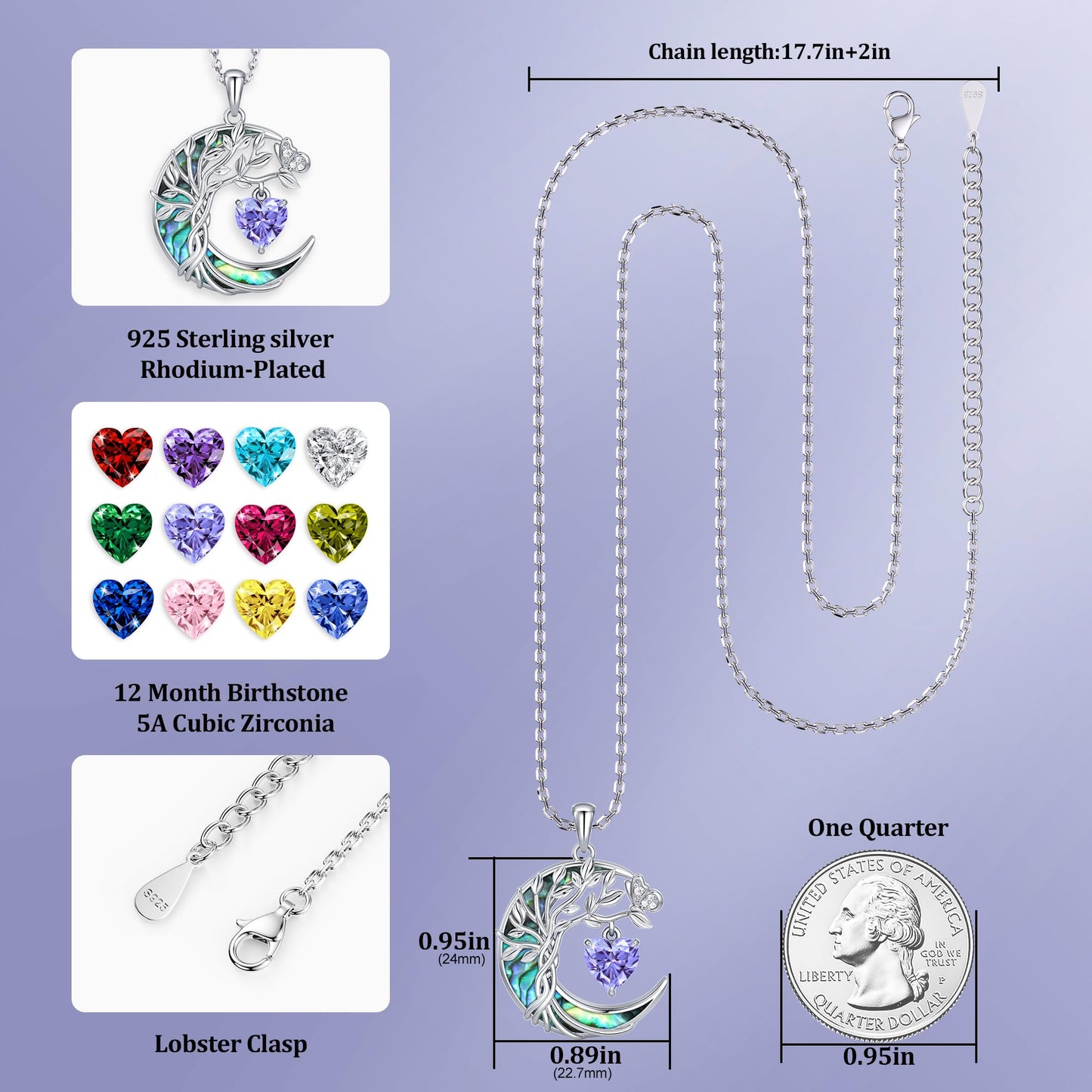 Distance Tree of Life Birthstone Necklace for Women, S925 Sterling Silver Premium Abalone Shell Moon Pendant June Heart Birthstone Necklace, Alexandrite Jewelry Christmas Birthday Gifts for Her Wife