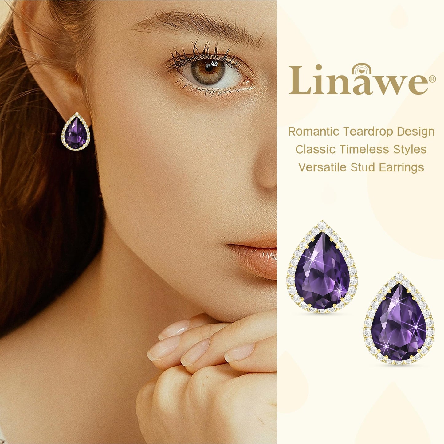 Linawe Purple Earrings Studs, Imitation Diamond Gold Stud Earrings for Women, Cubic Zirconia Teardrop Rhinestone Crystal Piercing Jewelry, Wedding Brial Bridesmaid Costume Earring Set