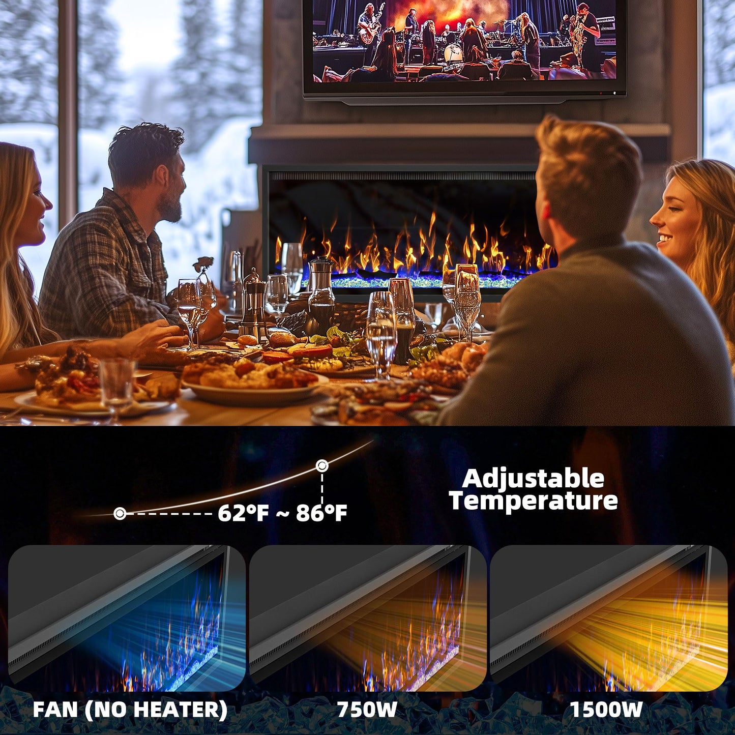 Eueiriup 42" Electric Fireplace in Wall Recessed & Wall Mounted Linear Fireplace with Temperature Control, Log & Crystal Option, Remote Control 750/1500W for Indoor Used Heater