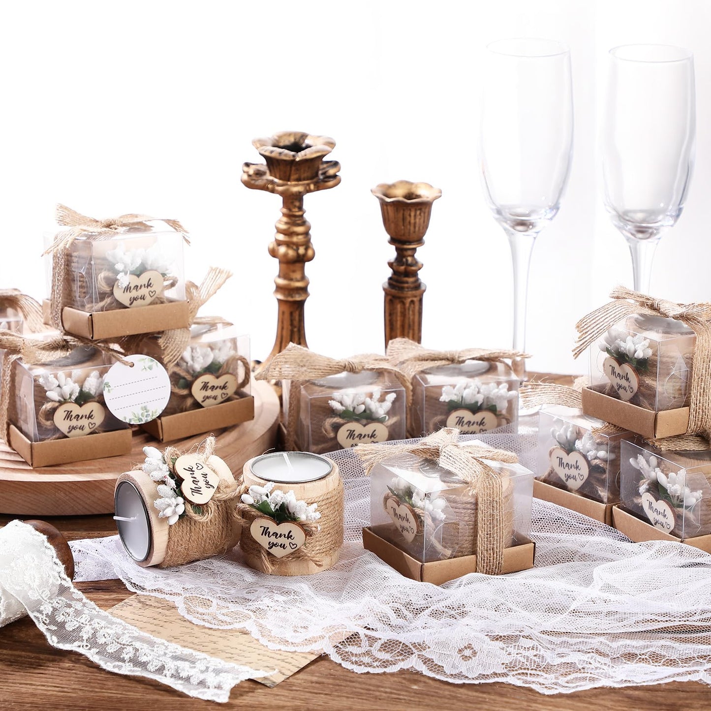 Retisee Wedding Candle Favors for Guests Bridal Shower Wood Memorial Tealight Candle Holder Thank You Gifts Handmade Candles for Wedding Baby Shower Housewarming Table Centerpiece(12 Pcs)