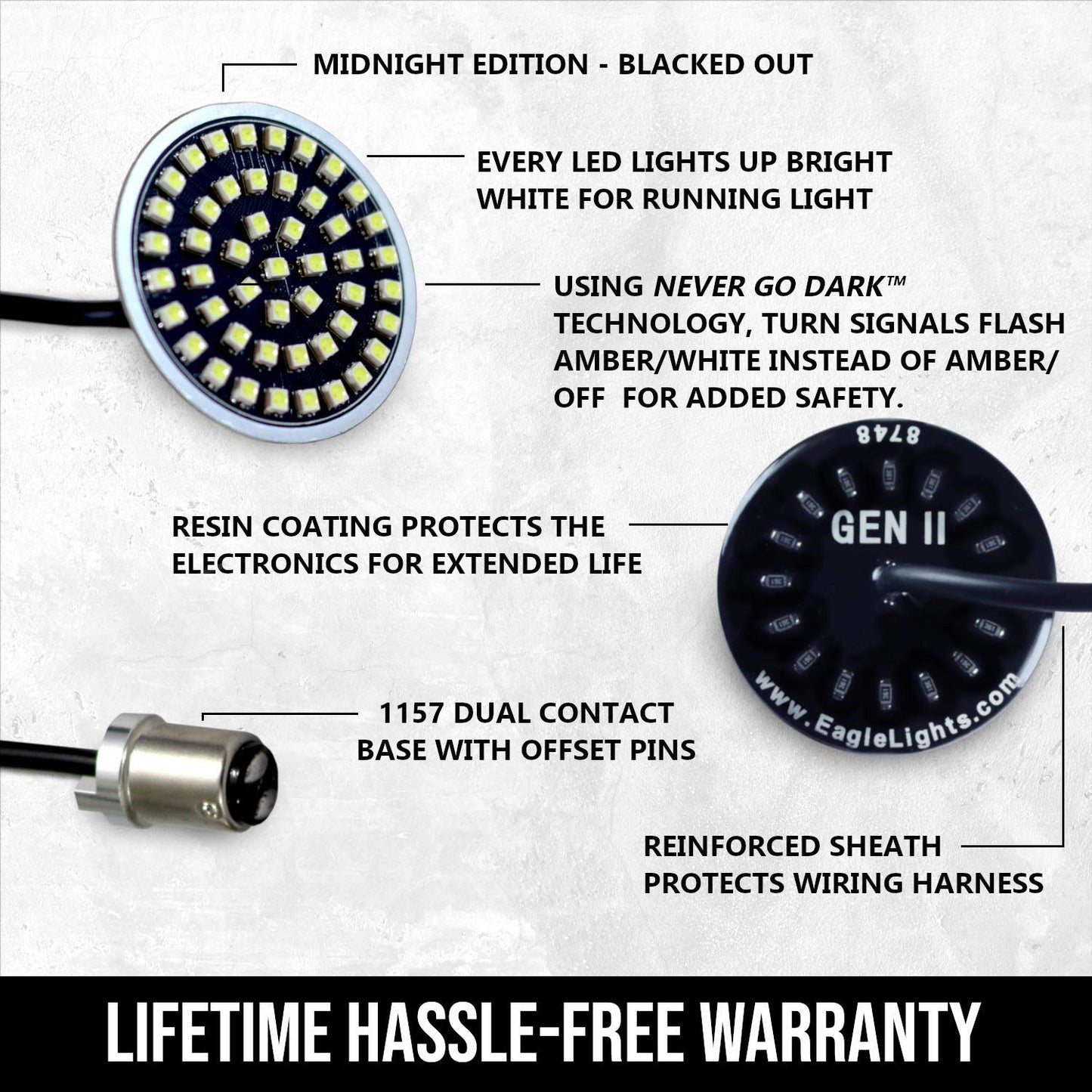 Eagle Lights Generation II Midnight Edition 2 Inch LED Turn Signals with White Running Lights (Front (1157) and Rear (1157) for Harley Davidson Motorcycles
