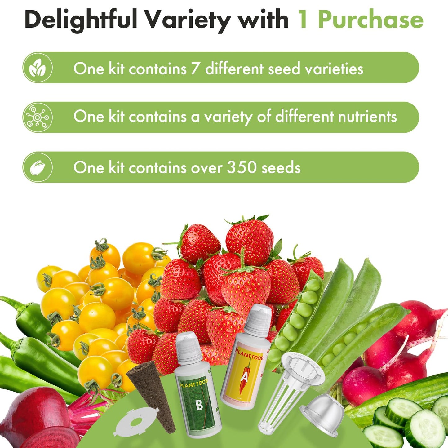 LYKOCLEAN Fruit Seed Kit for AeroGarden, iDOO Hydroponics Growing System Indoor Gardening, 7-Pod, Red Strawberry, Golden Cherry Tomato, Green Pepper, Cucumber, Dwarf Pea, Ruby QueenBeet, 350+ Seeds