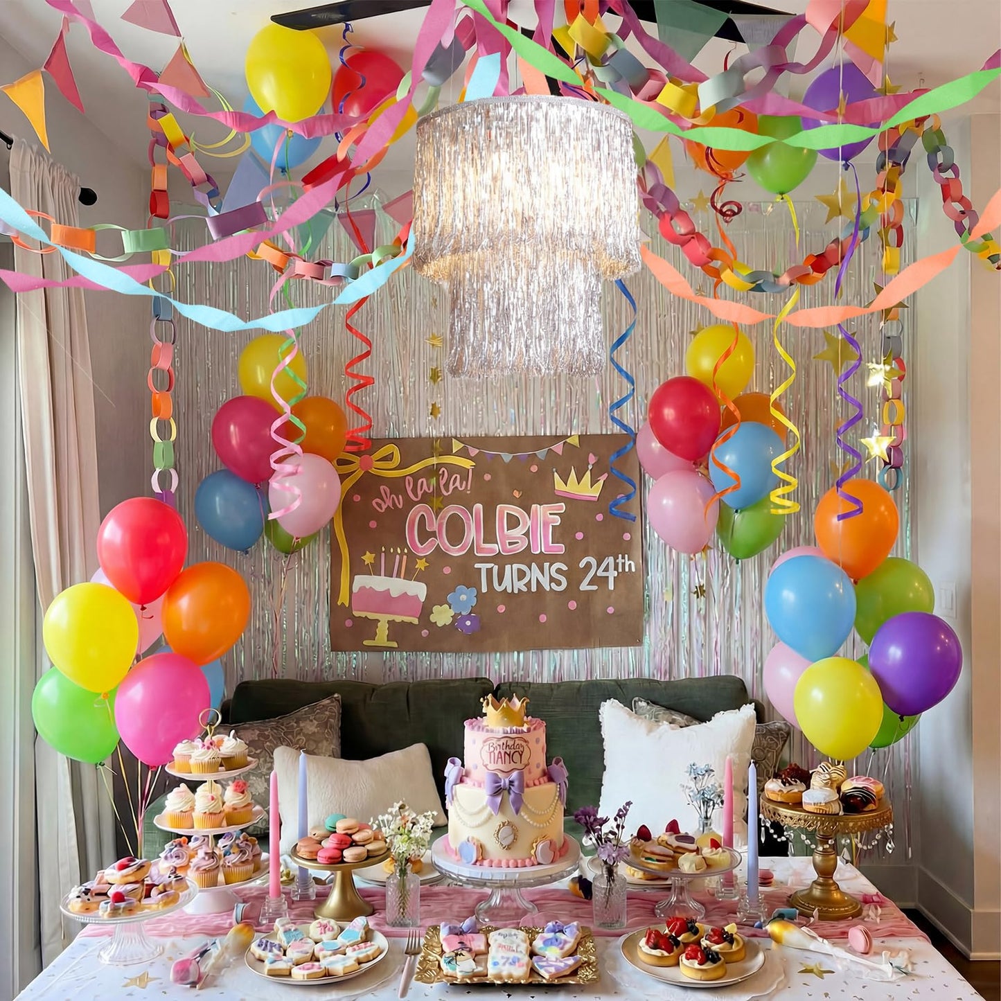 Blueweenly Fancy Princess Birthday Party Decorations Set Paper Chain Garland Strips DIY Crafts Crepe Paper Streamer Glitter Star Fringe Chandelier Balloons for Wedding Birthday(Rainbow,Small,8 Pcs)