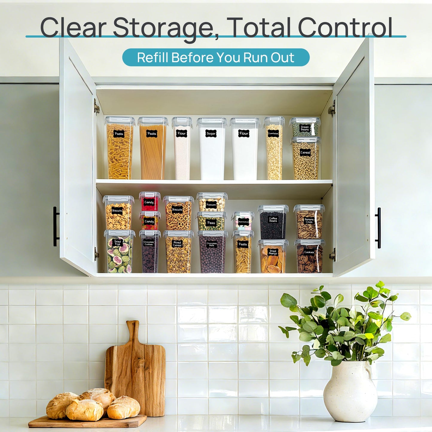 Vtopmart Airtight Food Storage Containers with Lids, 24 pcs Plastic Kitchen and Pantry Organization Canisters for Cereal, Dry Food, Flour and Sugar, BPA Free, Includes 24 Labels，Gray